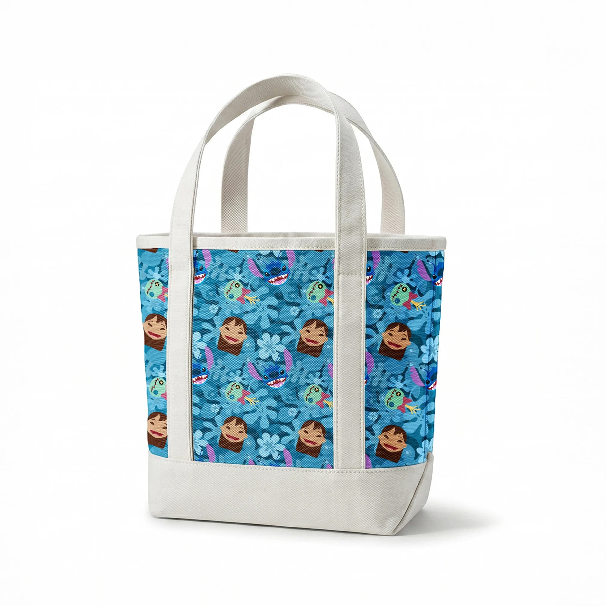 Disney's Stitch among floral elements and smiling faces on turquoise background springs canvastote mockup