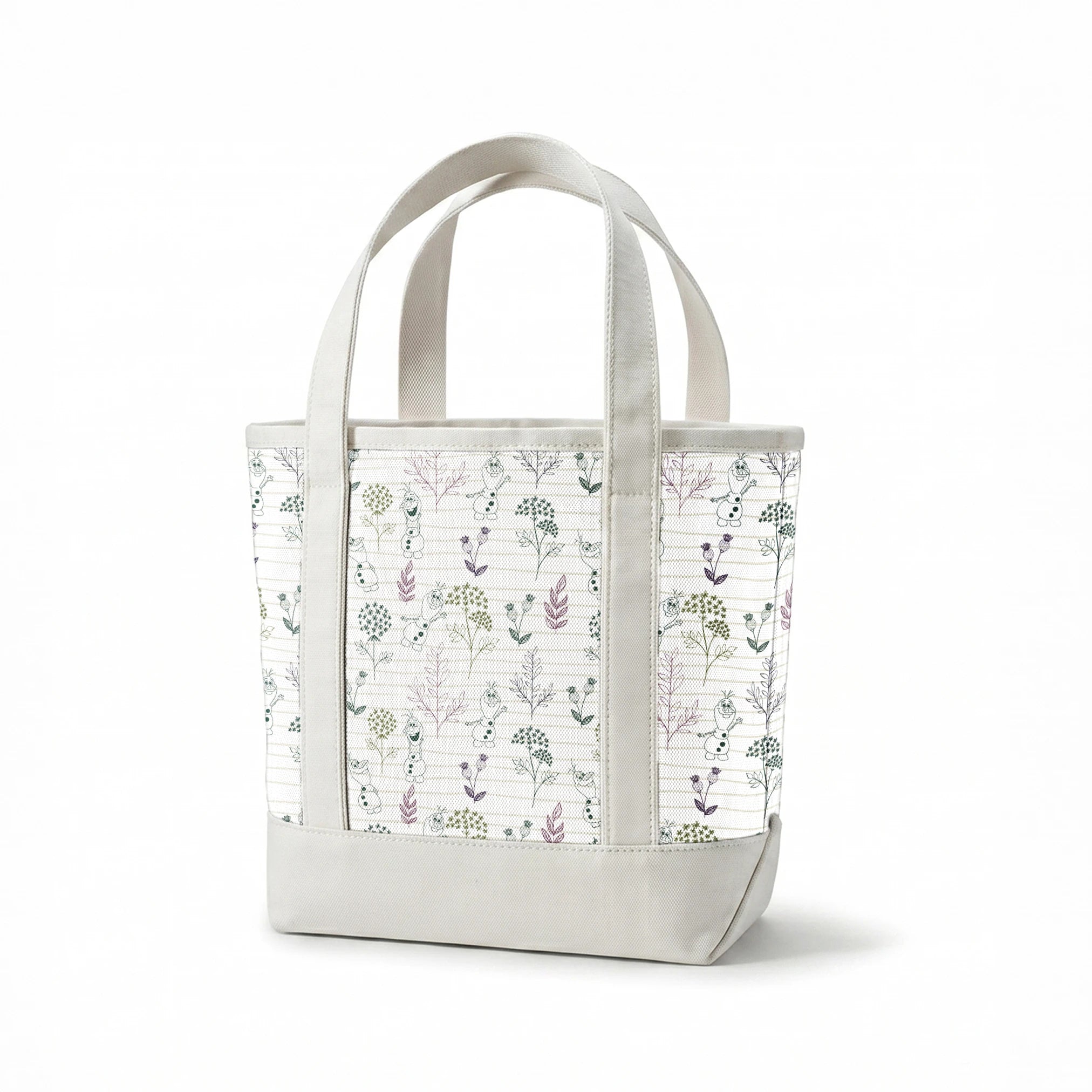Pattern of sketched botanical elements, flowers, and Olaf on a lined background in soft greens and purples springs canvastote mockup