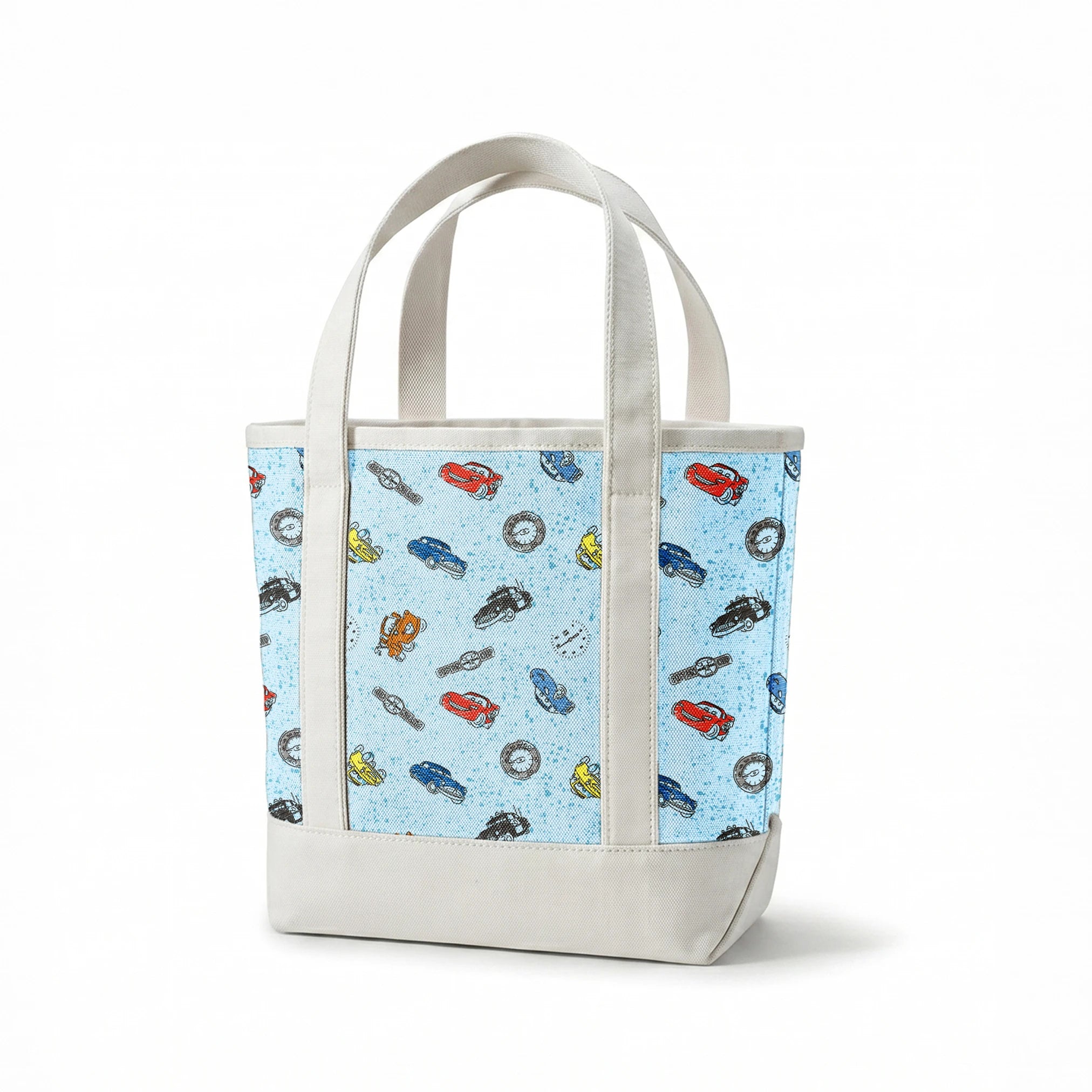 Colorful cartoon cars and watches scattered on a light blue speckled background pattern springs canvastote mockup