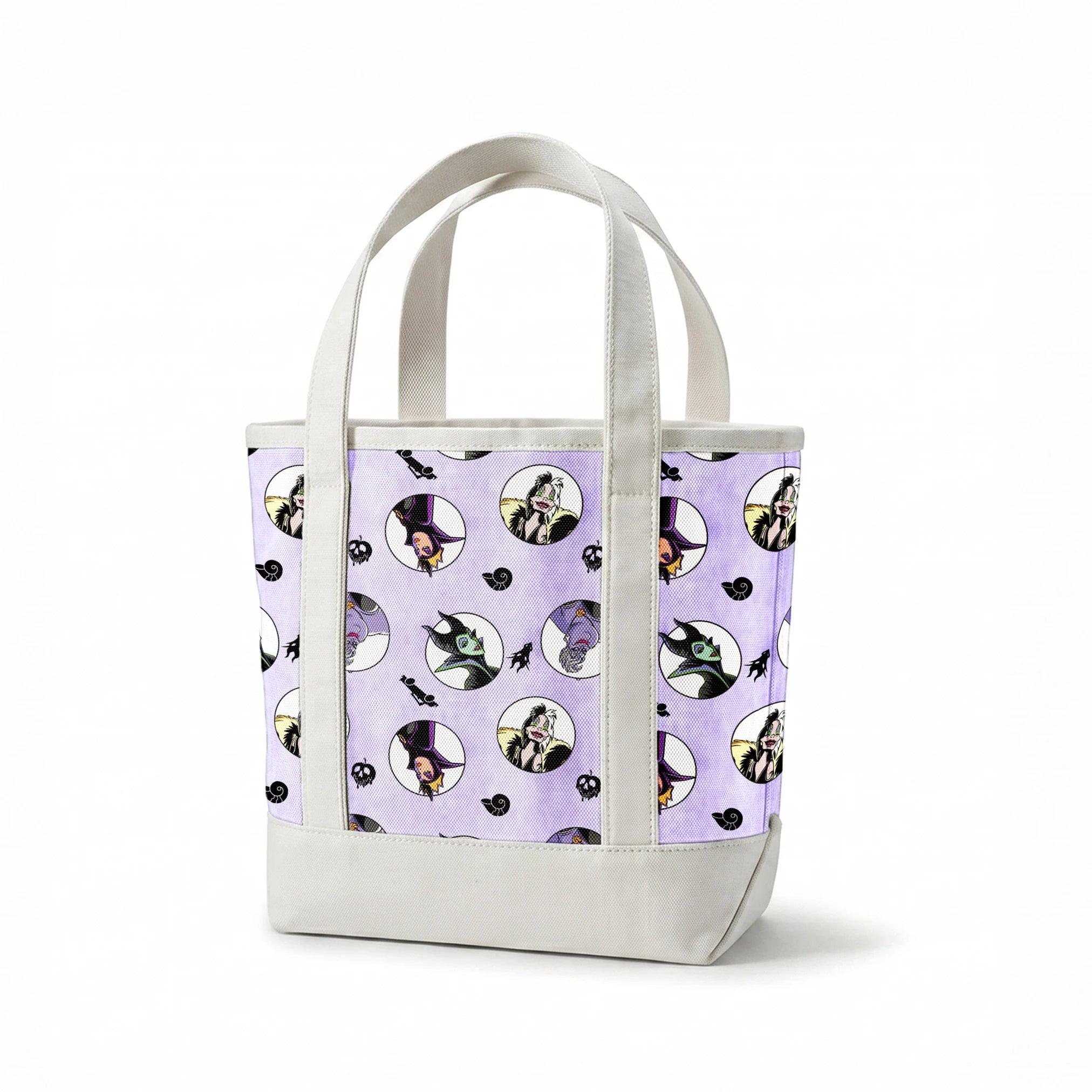 Disney villains pattern with circular character portraits on lavender background with black silhouettes of iconic symbols springs canvastote mockup