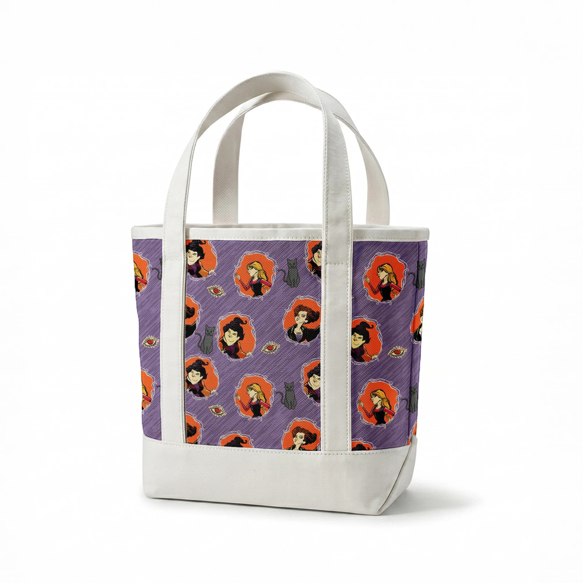 Purple background pattern with illustrated cartoon characters, black cats, and eye symbols in orange circular frames springs canvastote mockup
