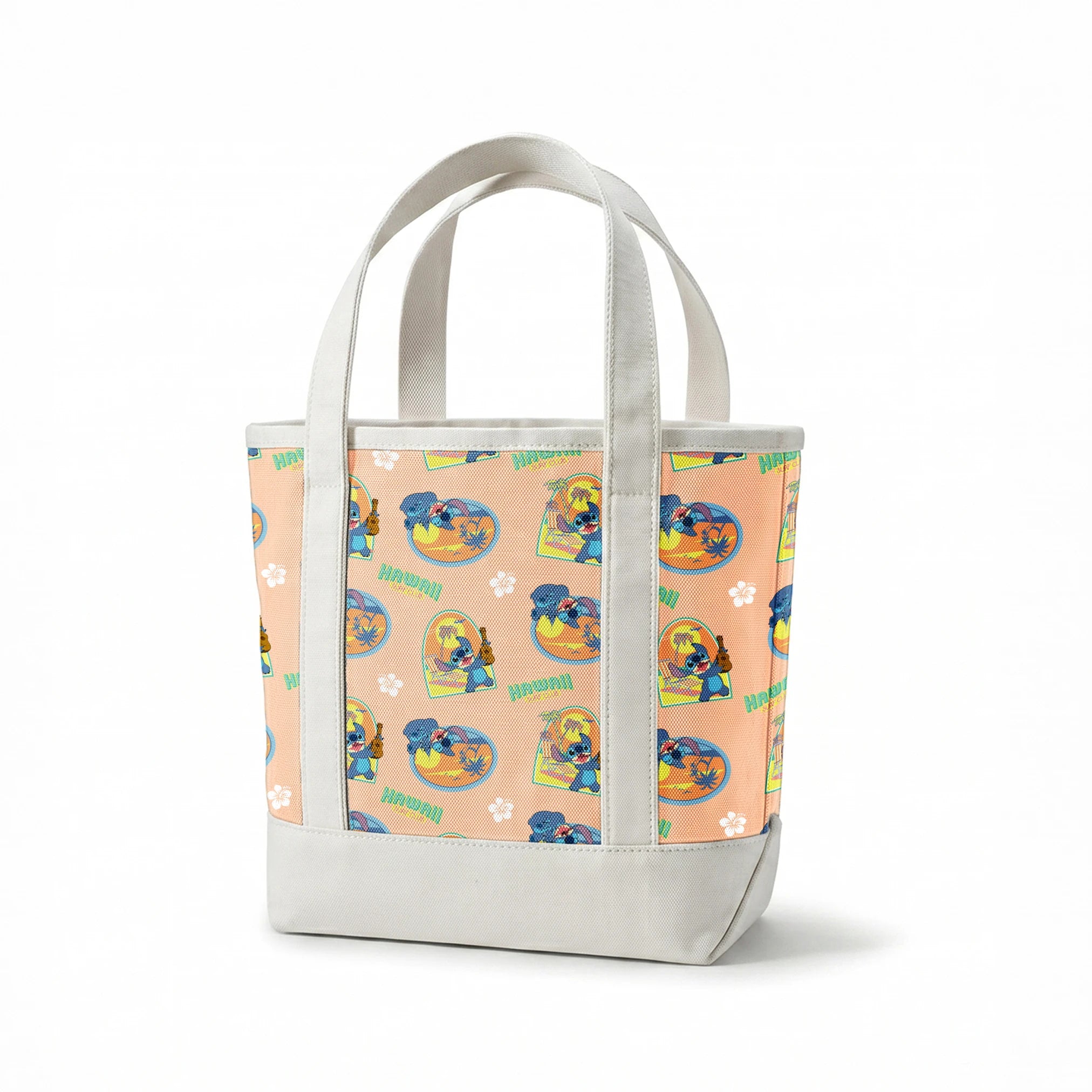 Disney's Stitch character on peach background with Hawaii-themed illustrations featuring surfboards, ukulele, and tropical imagery springs canvastote mockup