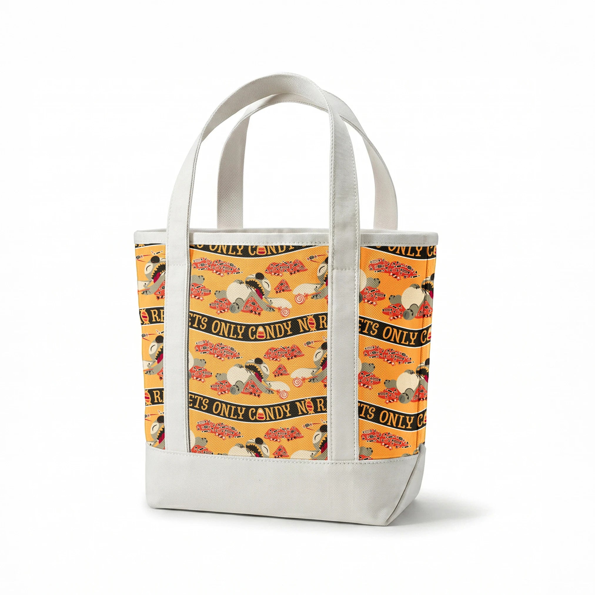 Repeating pattern with "NO REGRETS ONLY CANDY" text, featuring Disney's Stitch and candy corn on orange background. springs canvastote mockup
