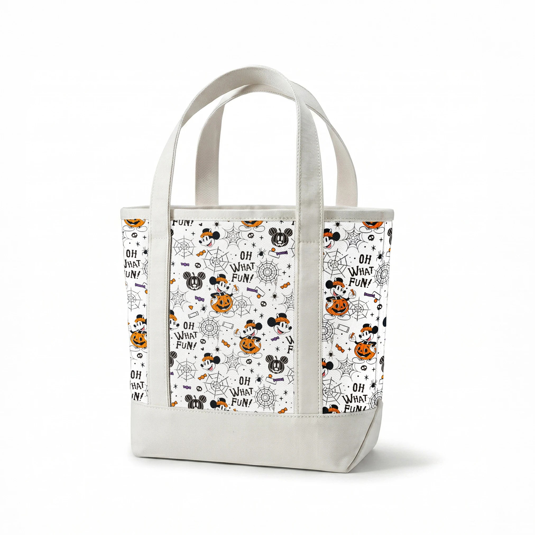Halloween-themed cartoon pattern with Mickey Mouse characters, pumpkins, spider webs, and "OH WHAT FUN!" text on white background springs canvastote mockup