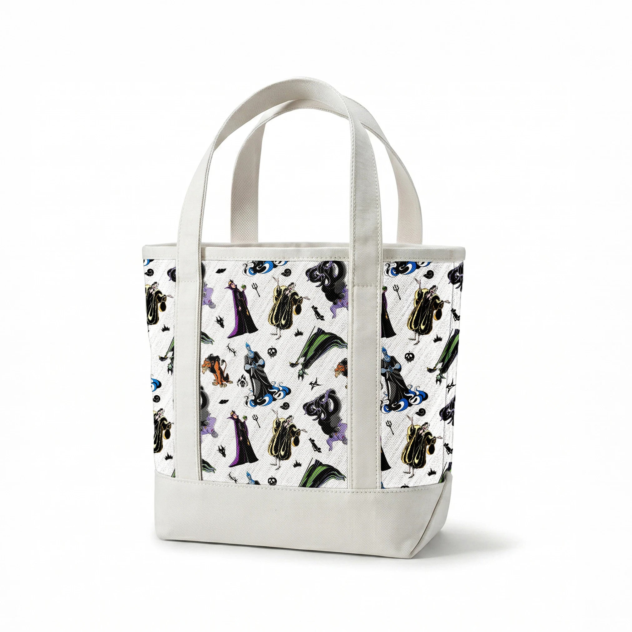 Disney villains pattern with stylized character silhouettes in black, purple, green, and orange on textured white background springs canvastote mockup