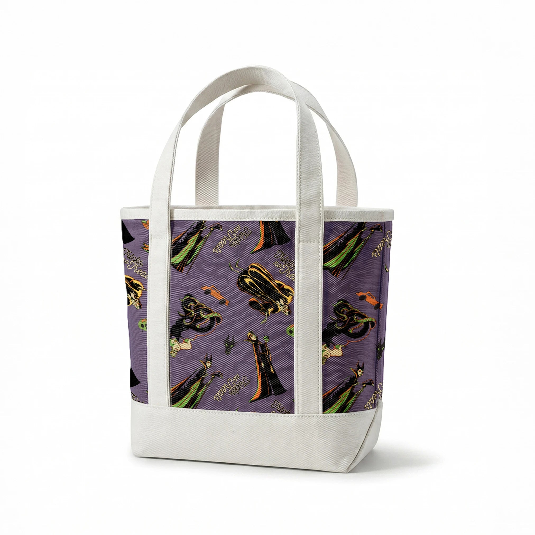 Cartoon villains pattern featuring Maleficent and other Disney antagonists on purple background springs canvastote mockup