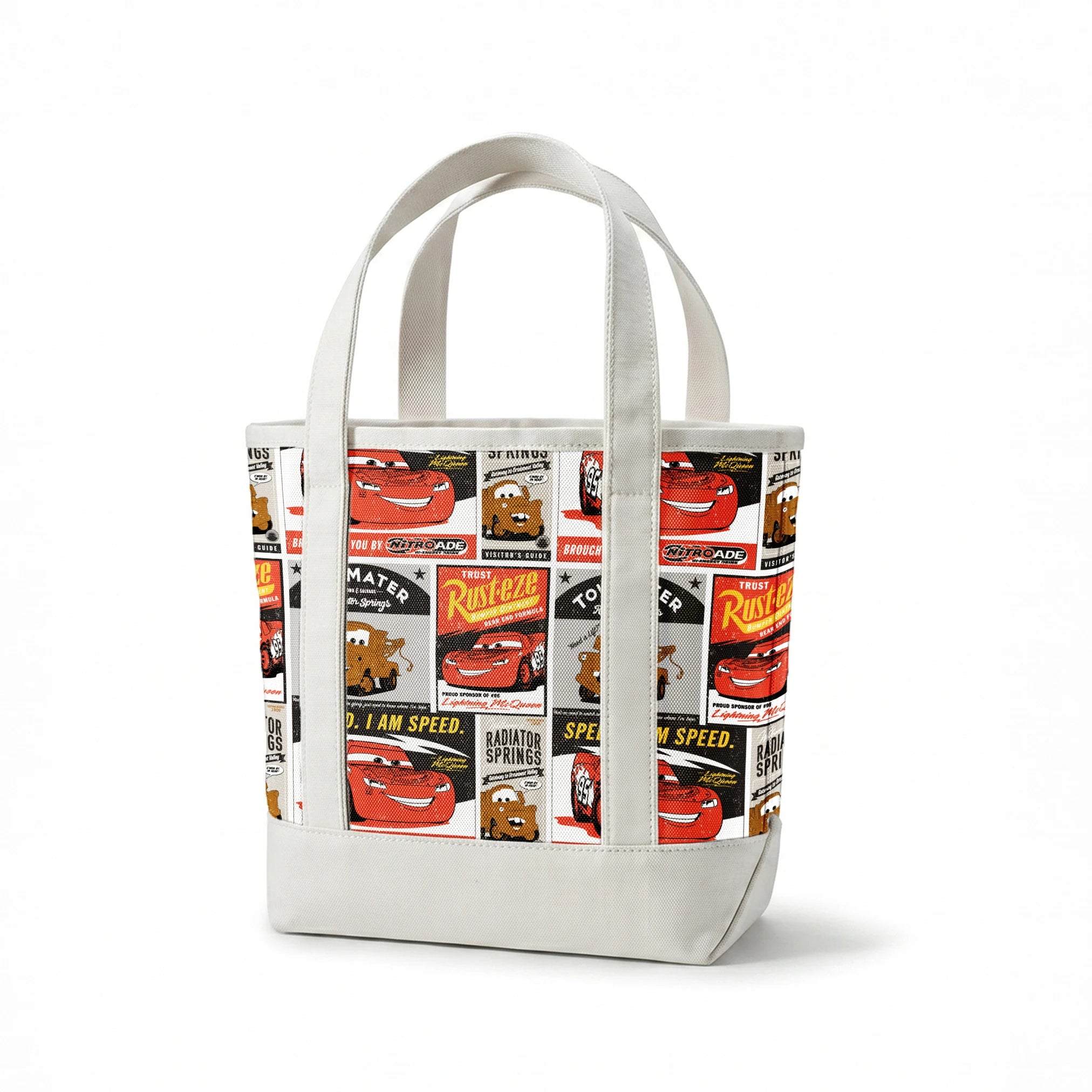 Cars merchandise posters featuring red race car saying "Speed. I am speed." and brown tow truck character with "Tow Mater" in vintage advertising style springs canvastote mockup