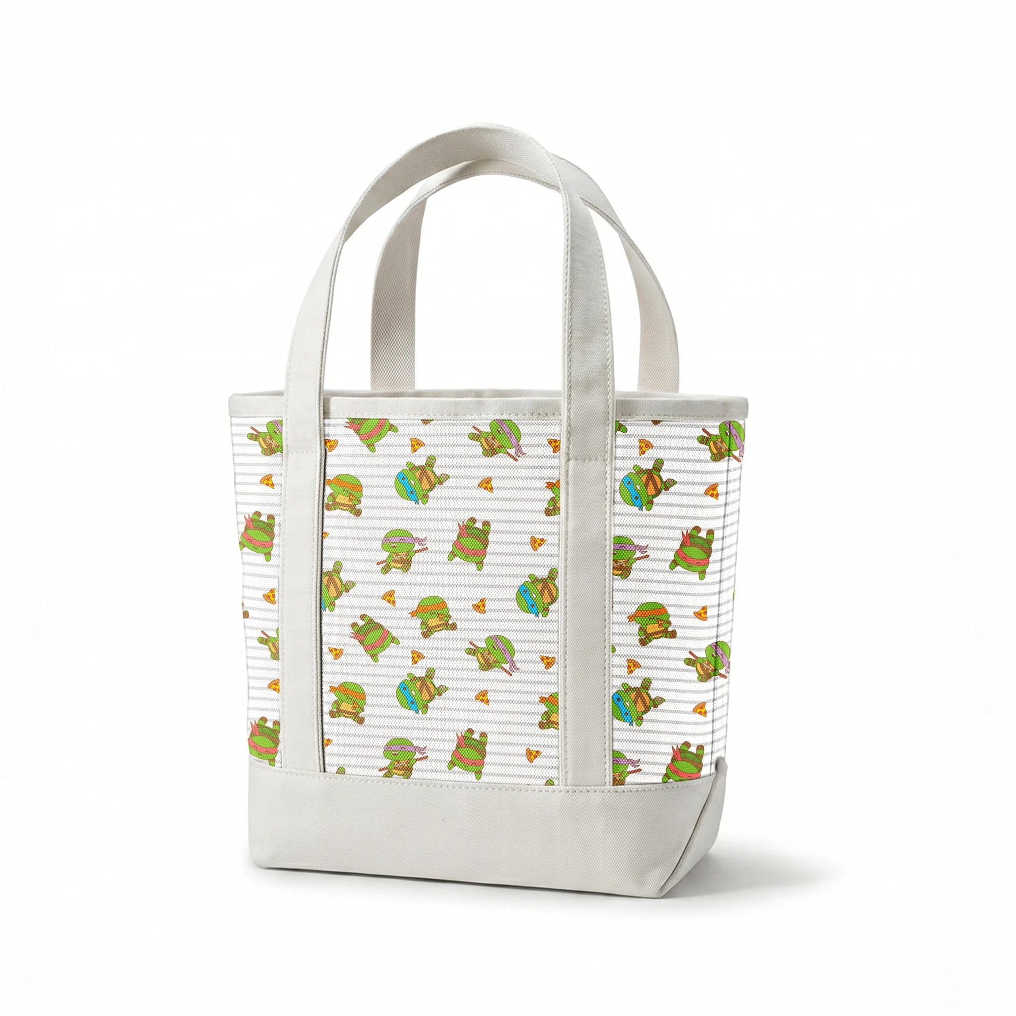 Teenage Mutant Ninja Turtles in various poses with pizza slices on gray striped background springs canvastote mockup