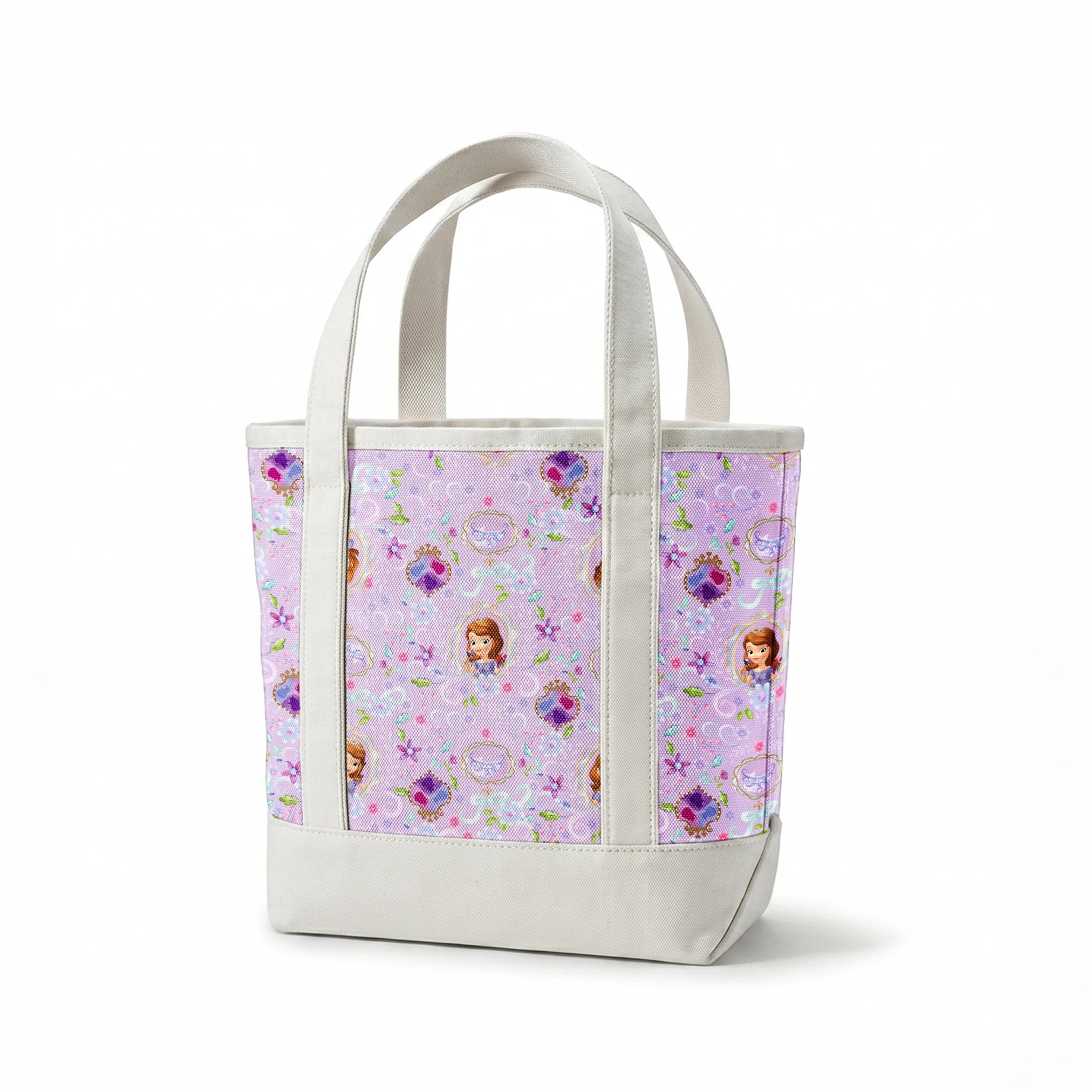 Princess Sofia pattern with purple flowers and swirls on lavender background springs canvastote mockup