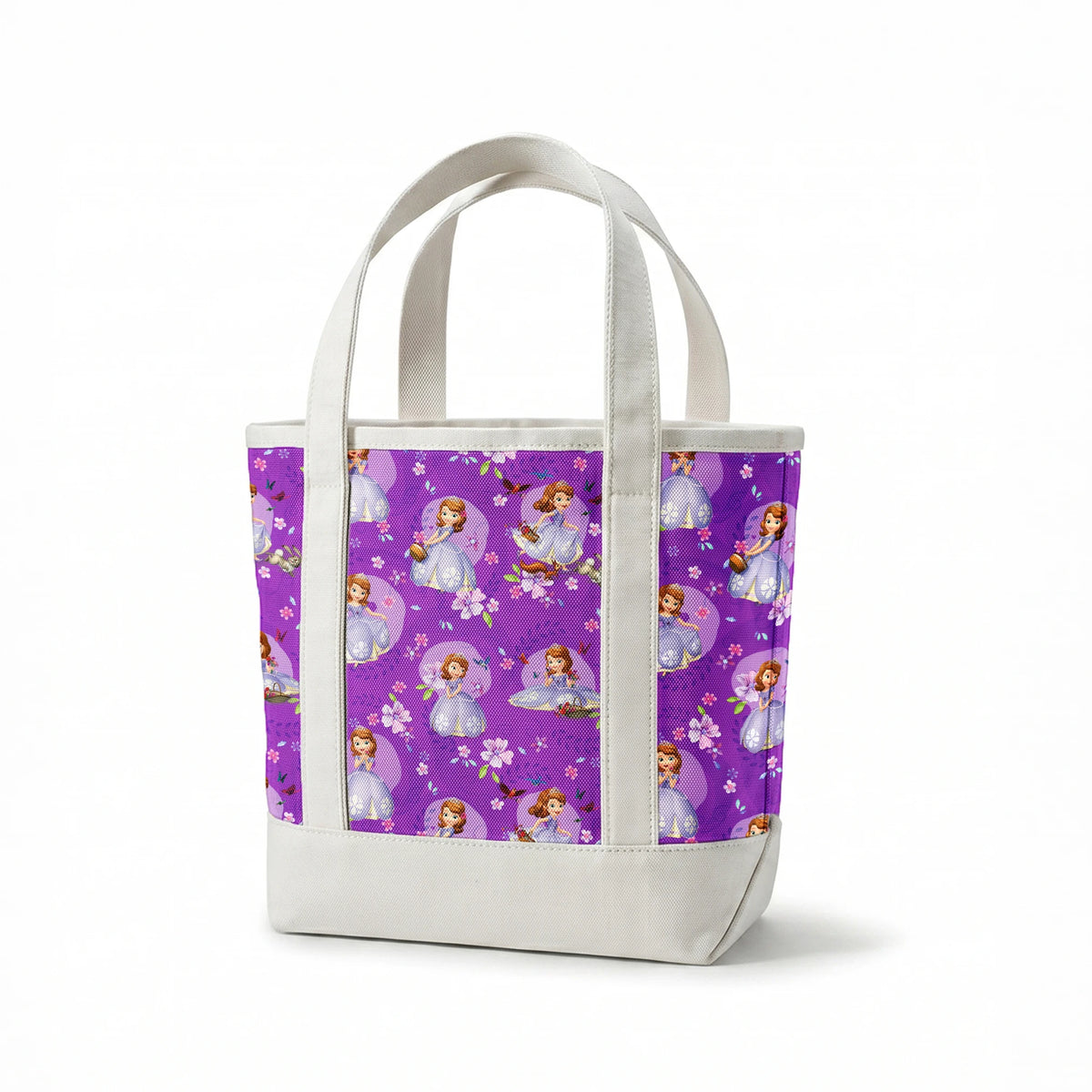 Purple background with repeating pattern of Sofia character in lavender dress surrounded by pink flowers and circular accents springs canvastote mockup