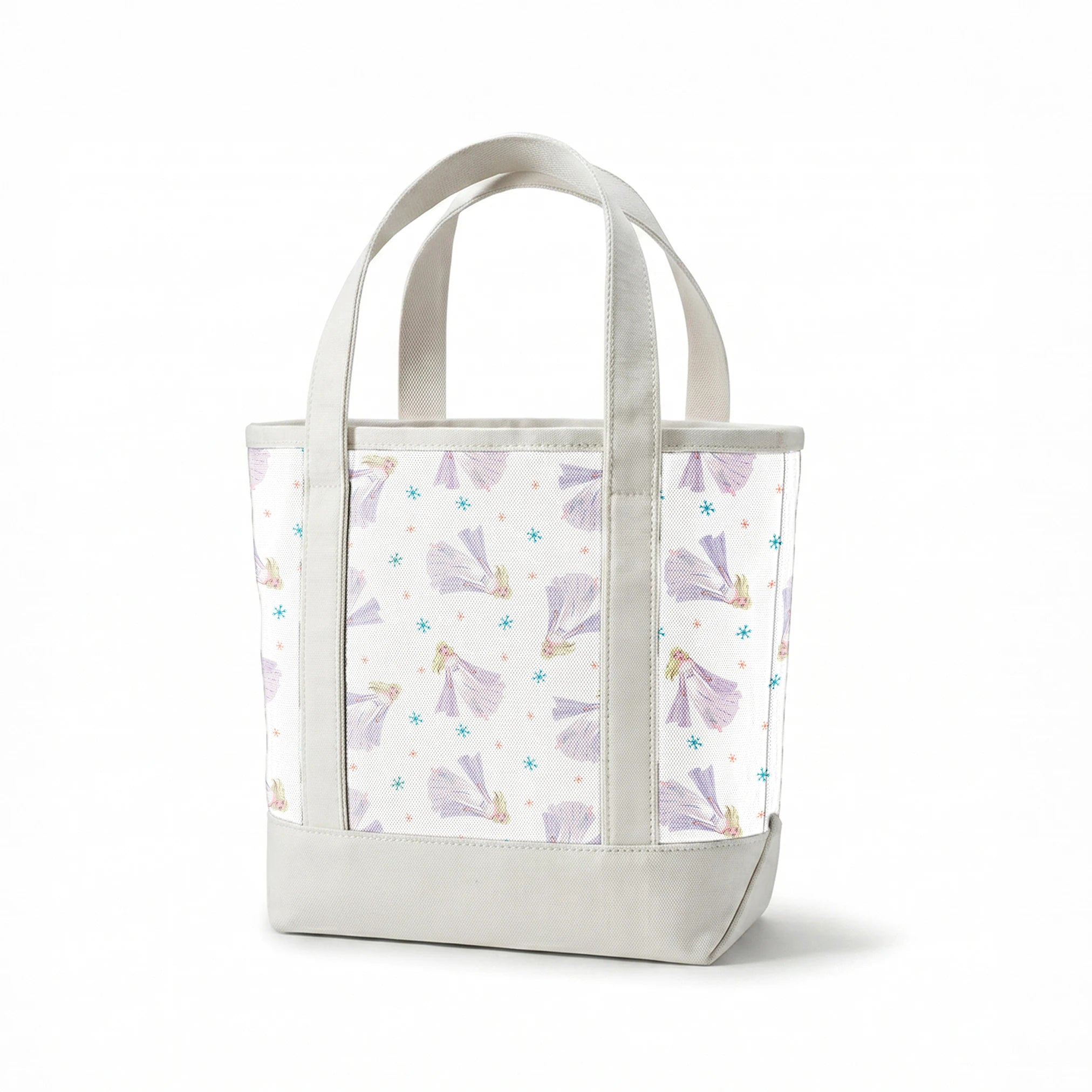 Whimsical pattern of Elsa with colorful snowflakes on white background springs canvastote mockup