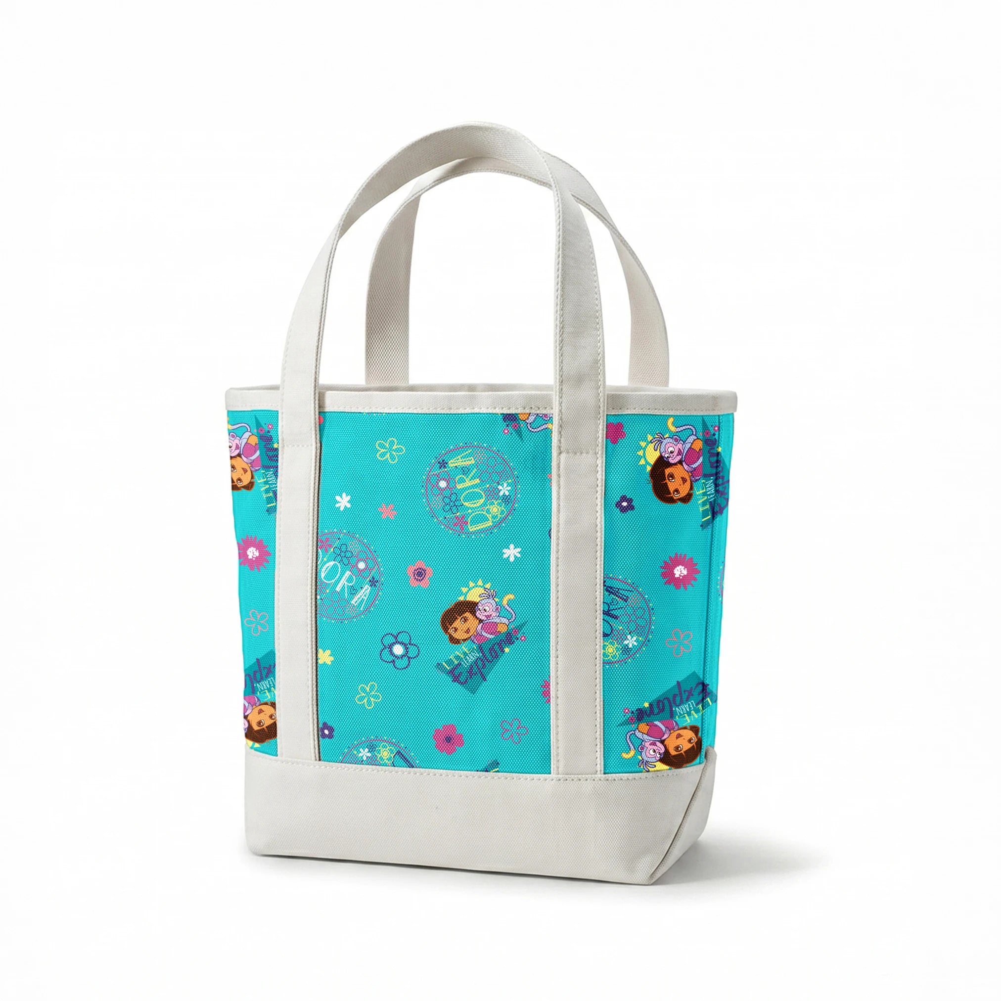 Colorful teal pattern with Dora the Explorer characters, decorative circles, flowers, and triangular shapes in pink, purple, and blue springs canvastote mockup