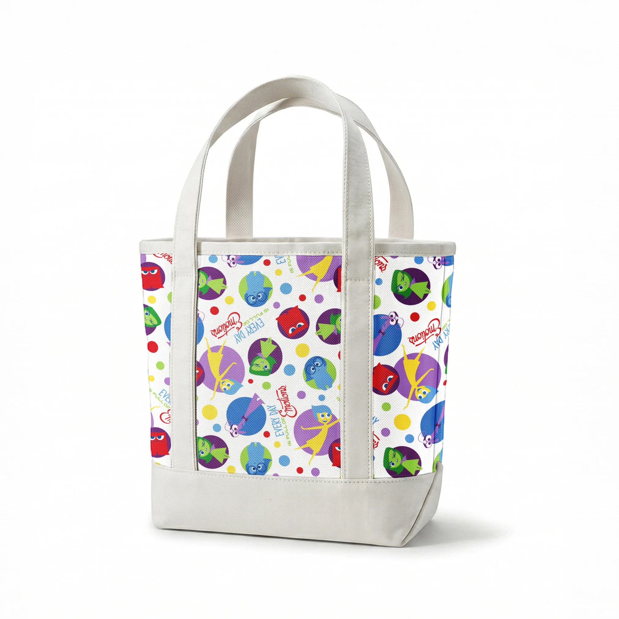 Colorful Inside Out characters in circles - Joy, Sadness, Fear, Disgust, and Anger on polka dot background springs canvastote mockup