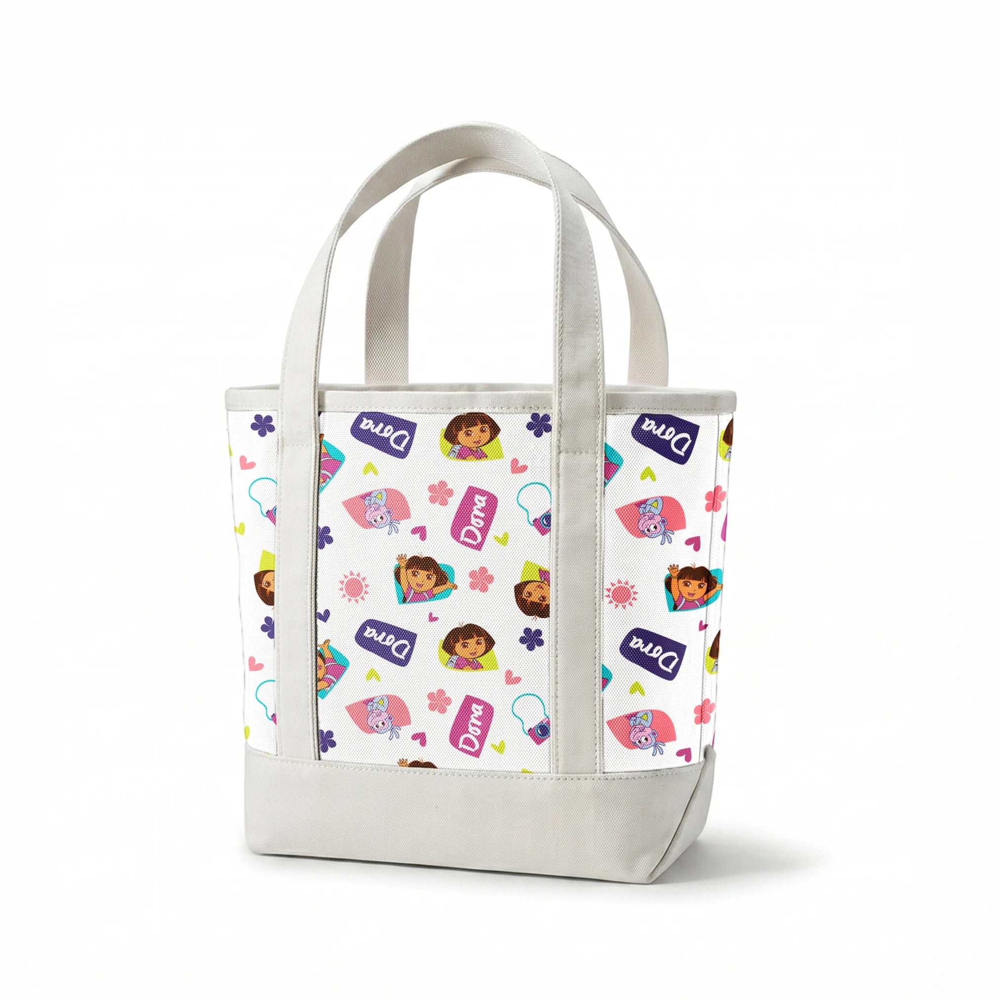 Cartoon pattern featuring Dora the Explorer characters, purple logos, pink hearts, and flowers on white background. springs canvastote mockup