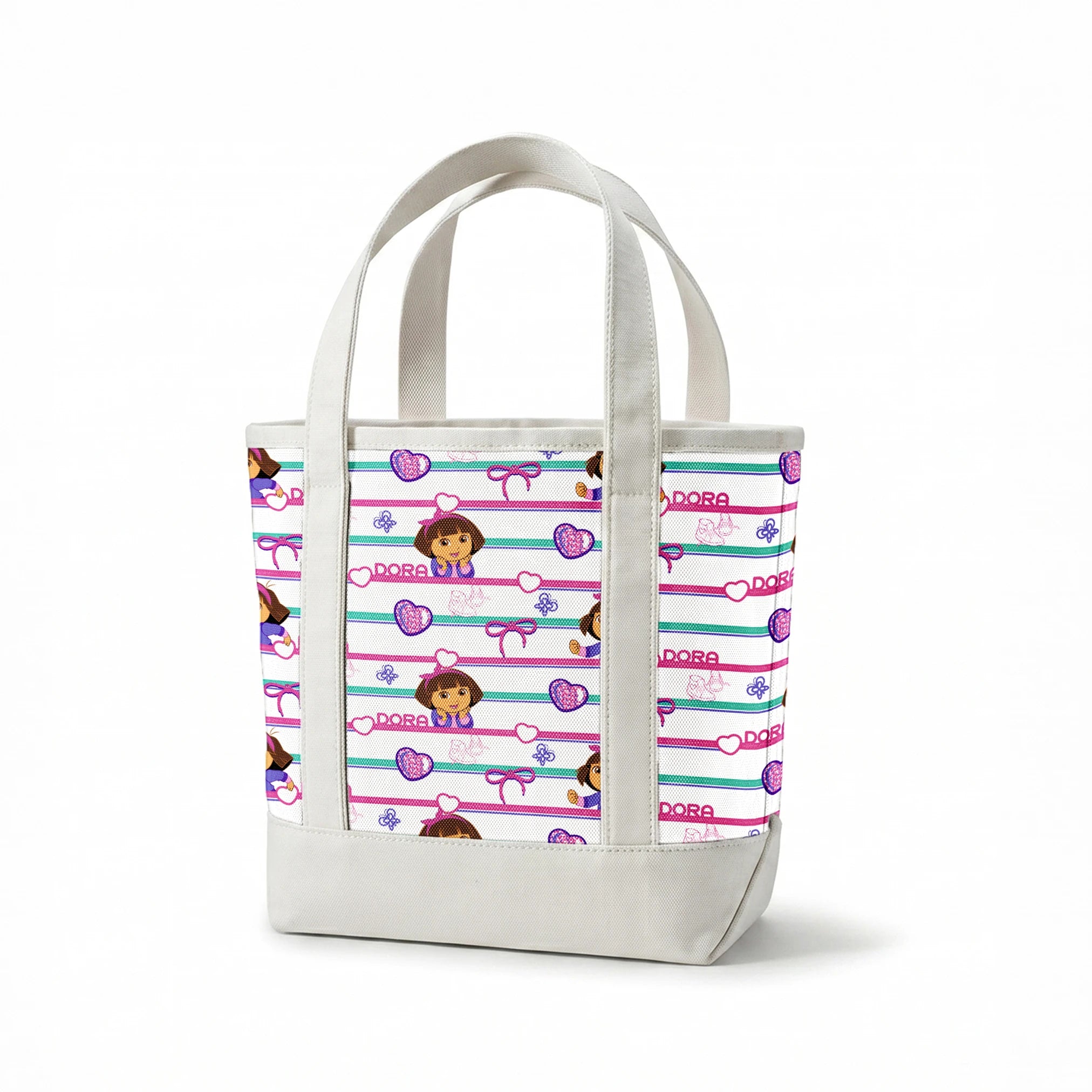 Colorful Dora the Explorer pattern with horizontal stripes featuring purple hearts, bows, butterflies, and "DORA" text on pink and green backgrounds springs canvastote mockup