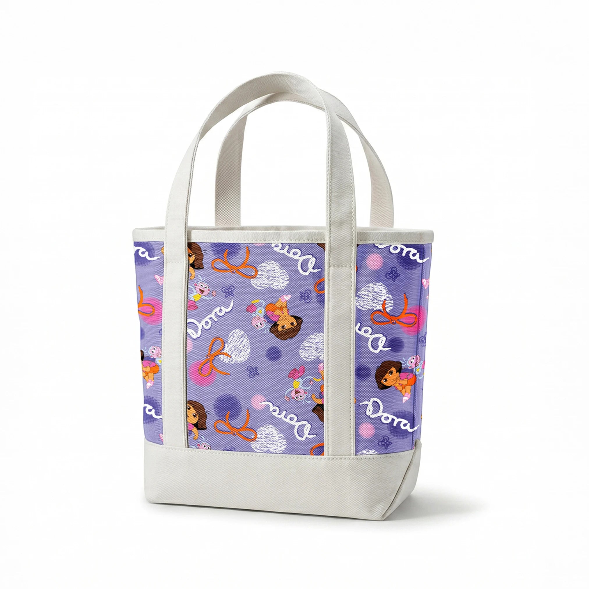 Cartoon pattern featuring Dora the Explorer, Boots the monkey, and other characters on purple background with bows and clouds. springs canvastote mockup