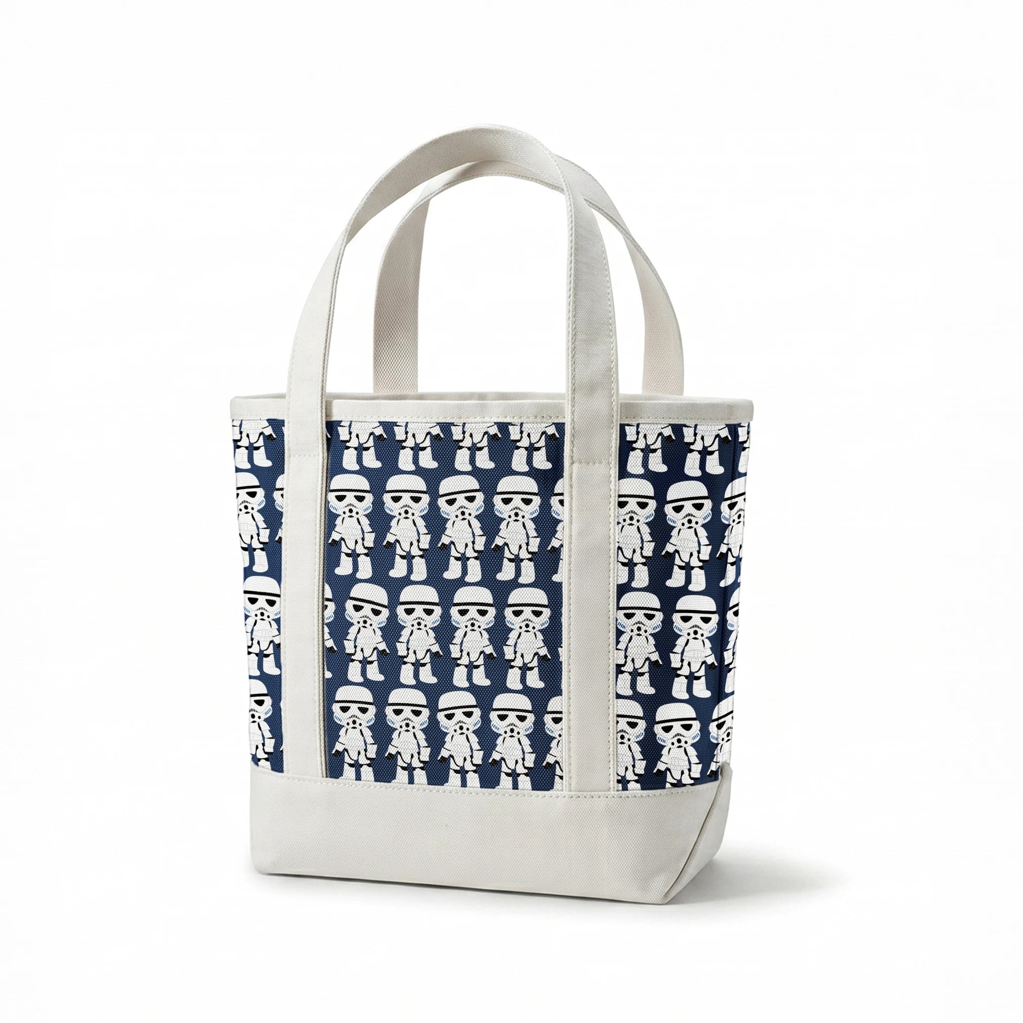 Repeated pattern of cartoon Stormtrooper characters in white armor against dark blue background springs canvastote mockup