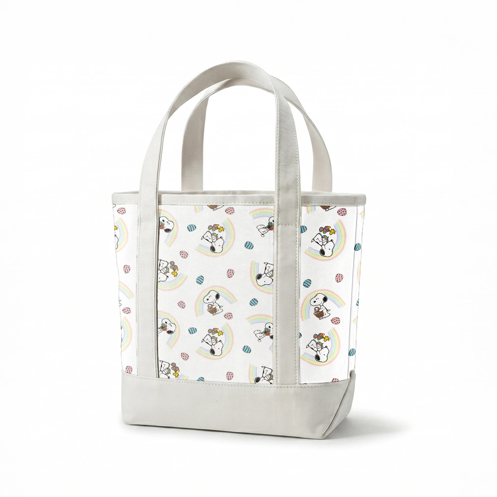 Snoopy pattern with Easter eggs, rainbows, and Woodstock, featuring Snoopy holding flowers and baskets springs canvastote mockup