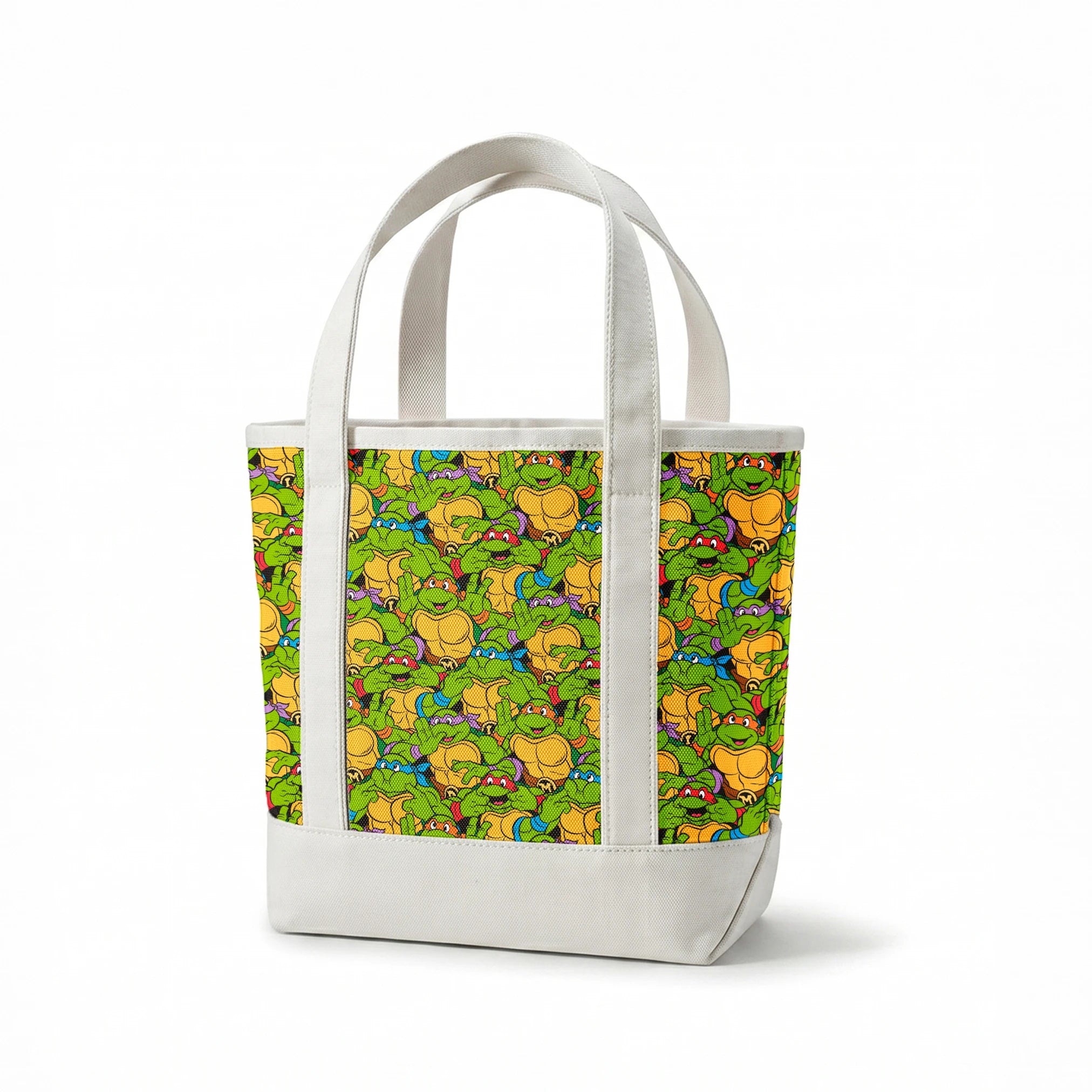 Colorful pattern of cartoon Teenage Mutant Ninja Turtles with green skin and yellow shells springs canvastote mockup