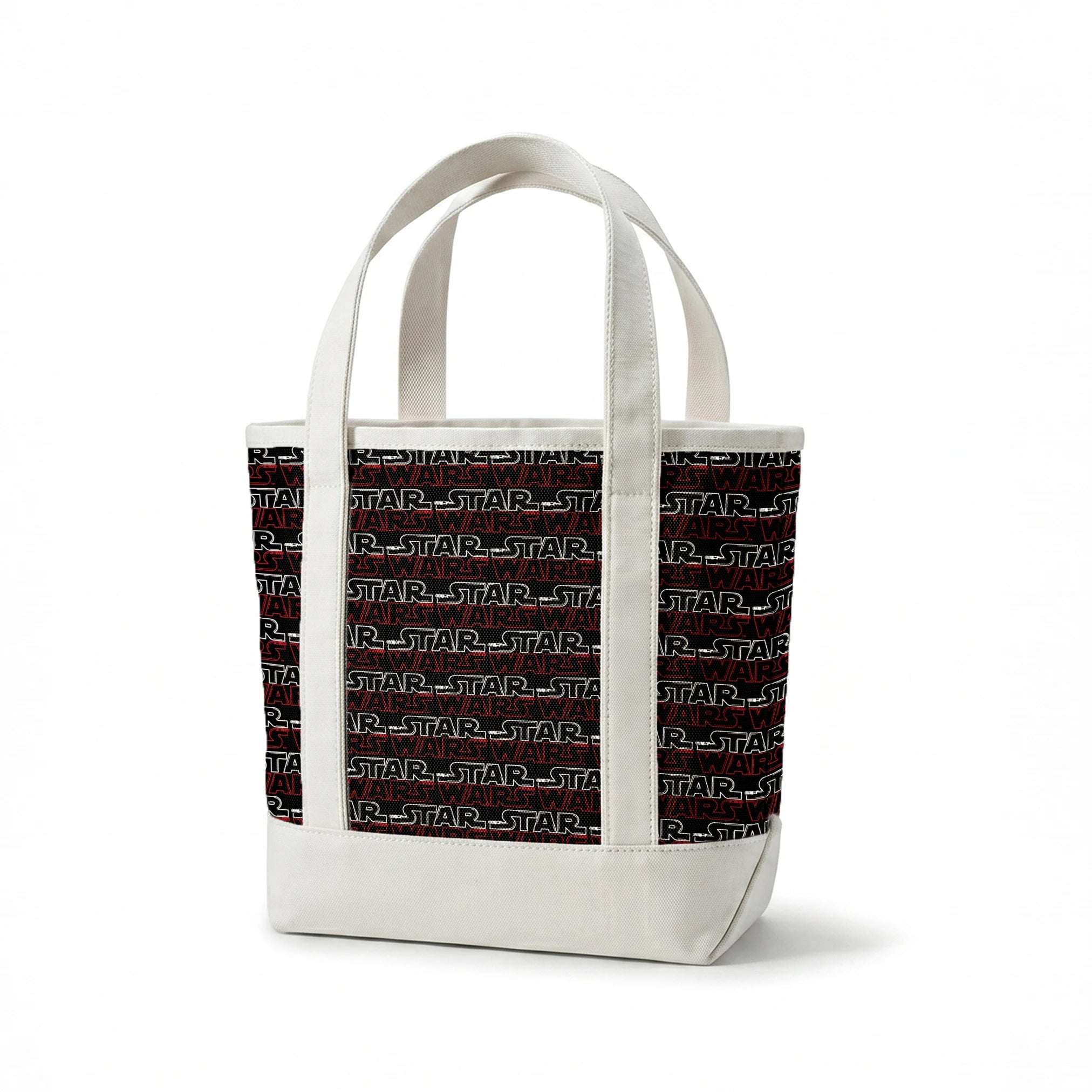 Star Wars logo pattern with white "STAR" and red "WARS" text repeating on black background springs canvastote mockup