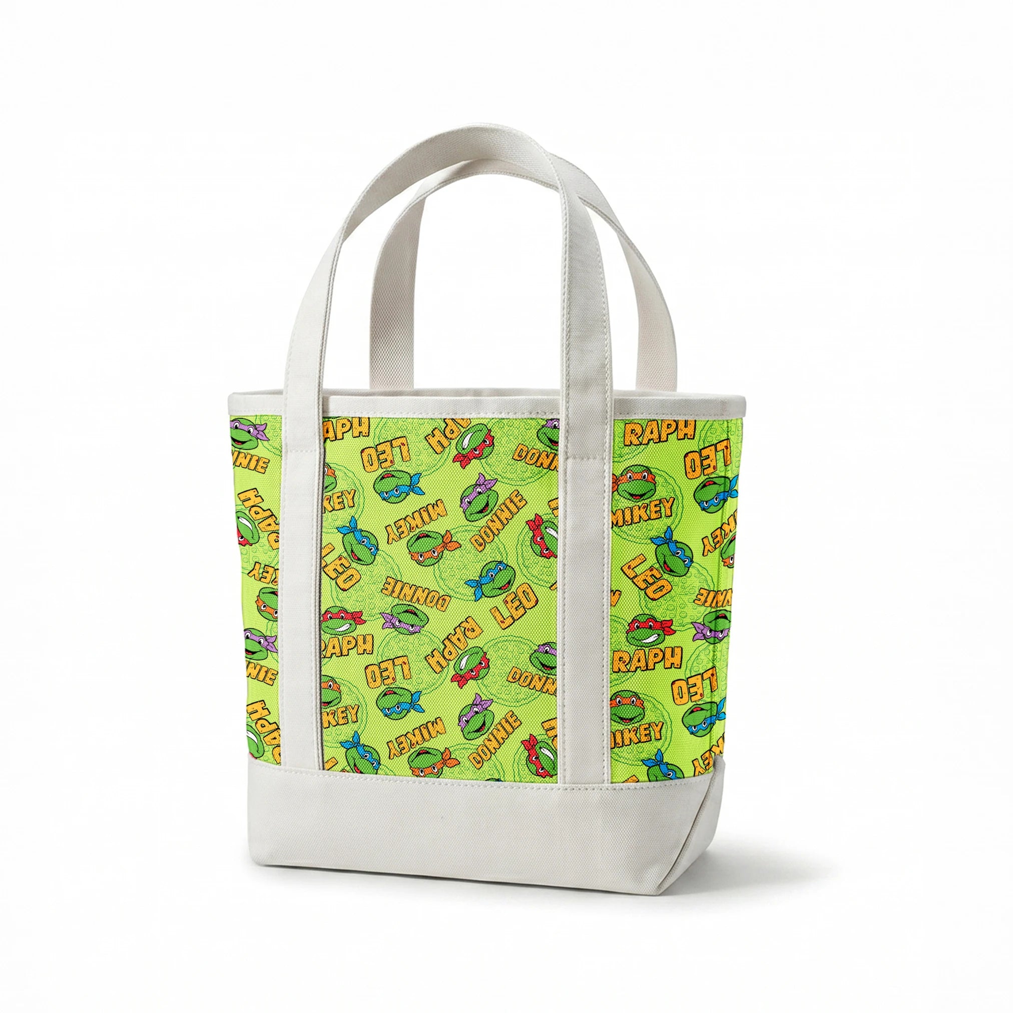 Teenage Mutant Ninja Turtles pattern with cartoon faces, names, and colorful masks on green background springs canvastote mockup