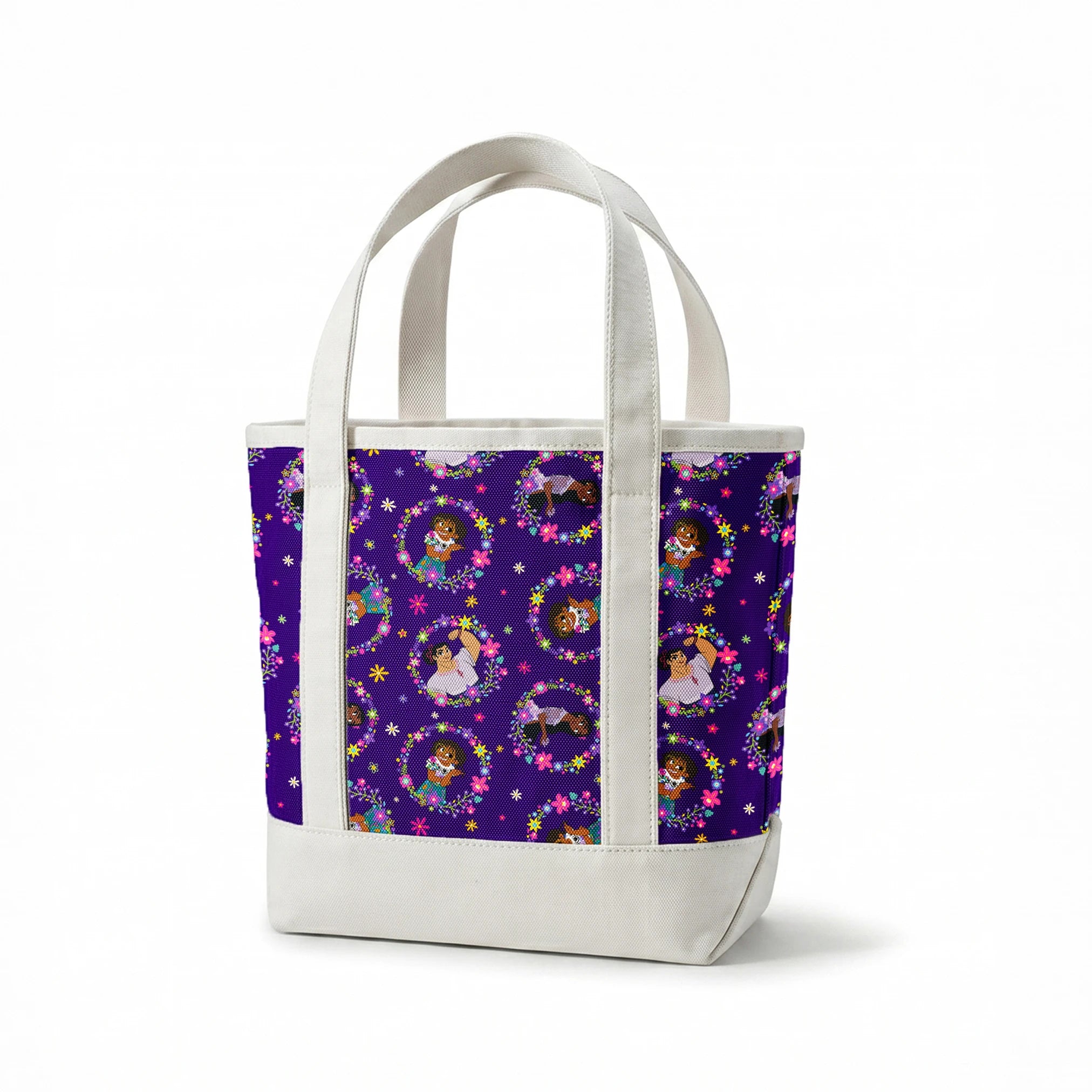 Colorful cartoon characters in floral wreaths pattern on deep purple background with stars springs canvastote mockup