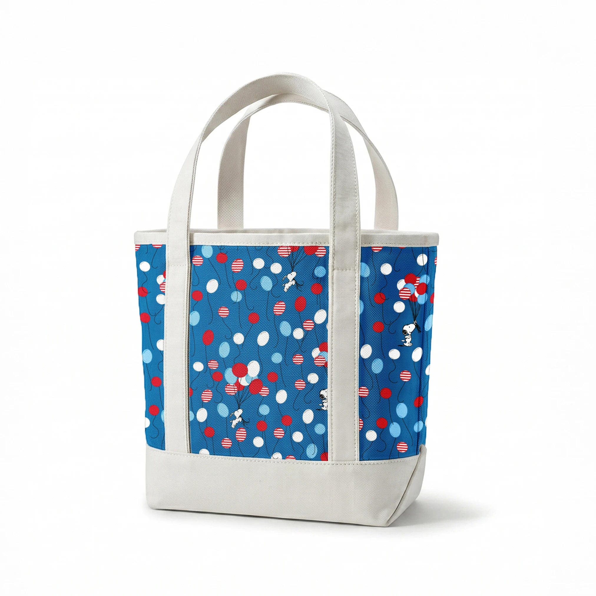 Snoopy patriotic blue pattern with red, white, and blue balloons and stars in American flag style springs canvastote mockup