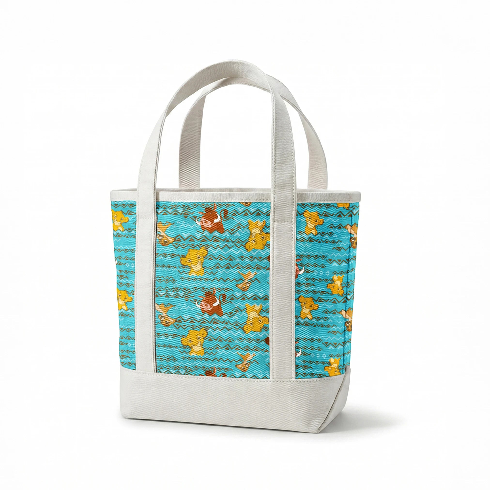 Lion King themed pattern with Simba and Timon characters on turquoise blue background with zigzag stripes springs canvastote mockup