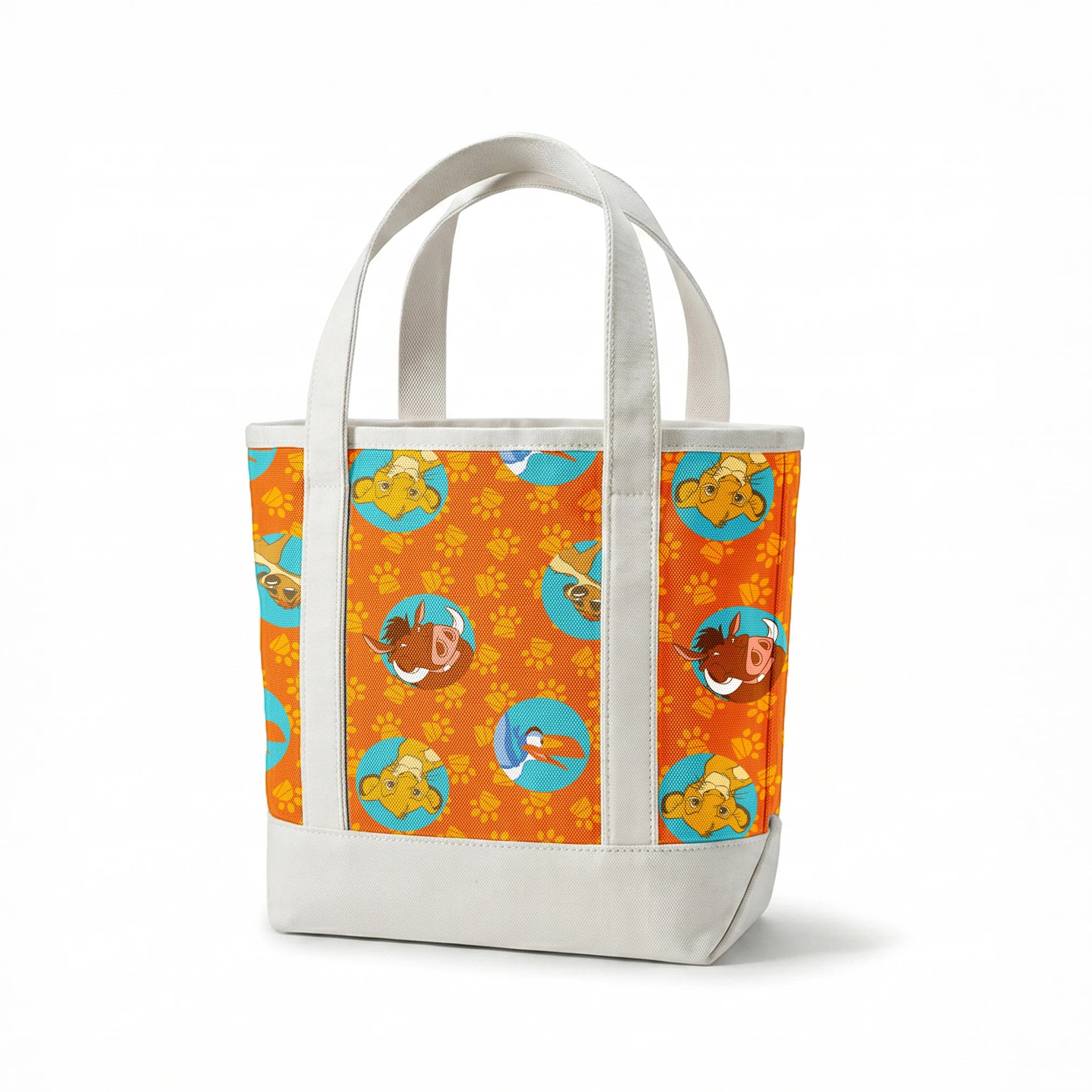 Cartoon animal characters in blue circles on orange background with yellow paw prints pattern springs canvastote mockup