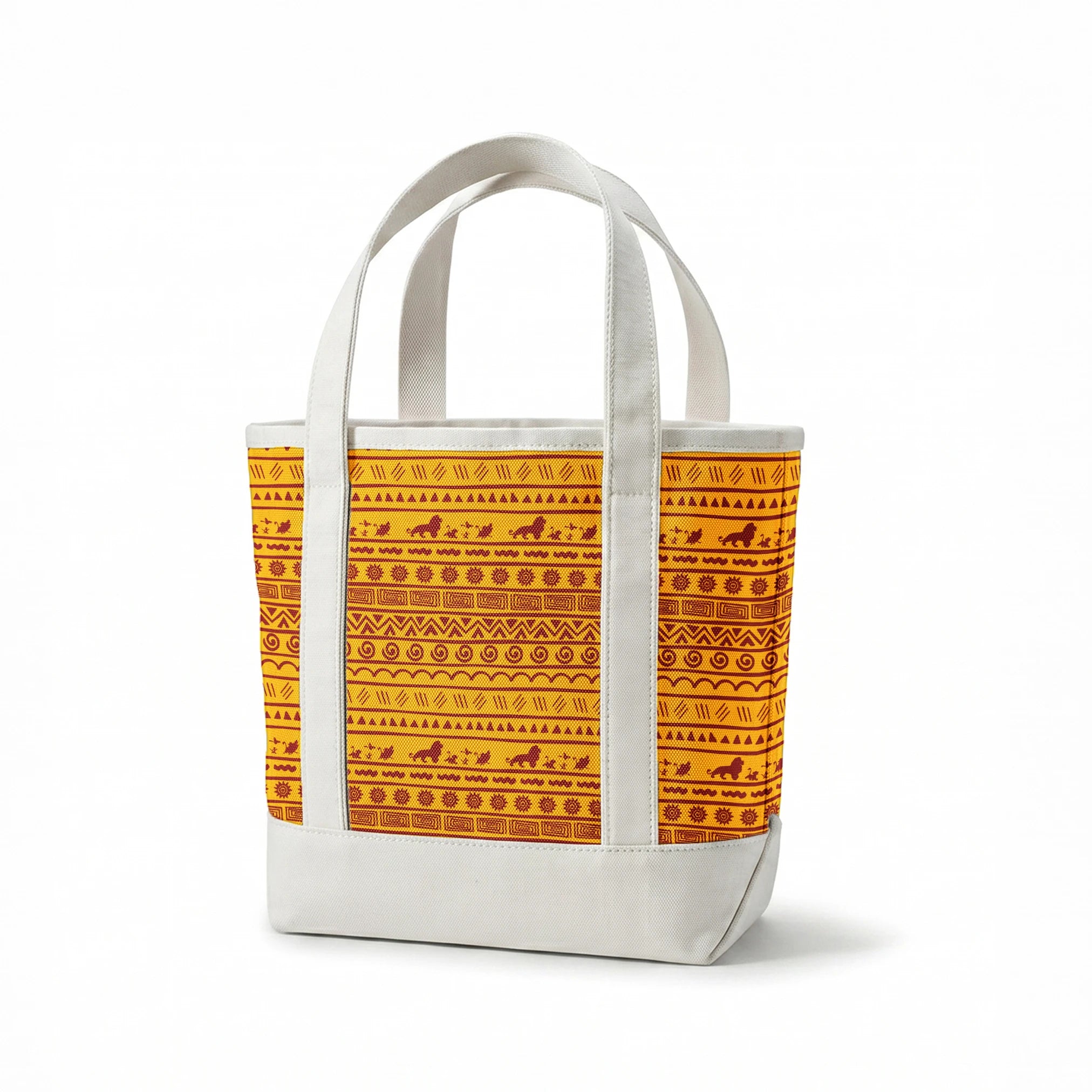 Traditional African pattern in yellow and maroon with spirals, lions, geometric designs, and sun symbols arranged in horizontal bands springs canvastote mockup