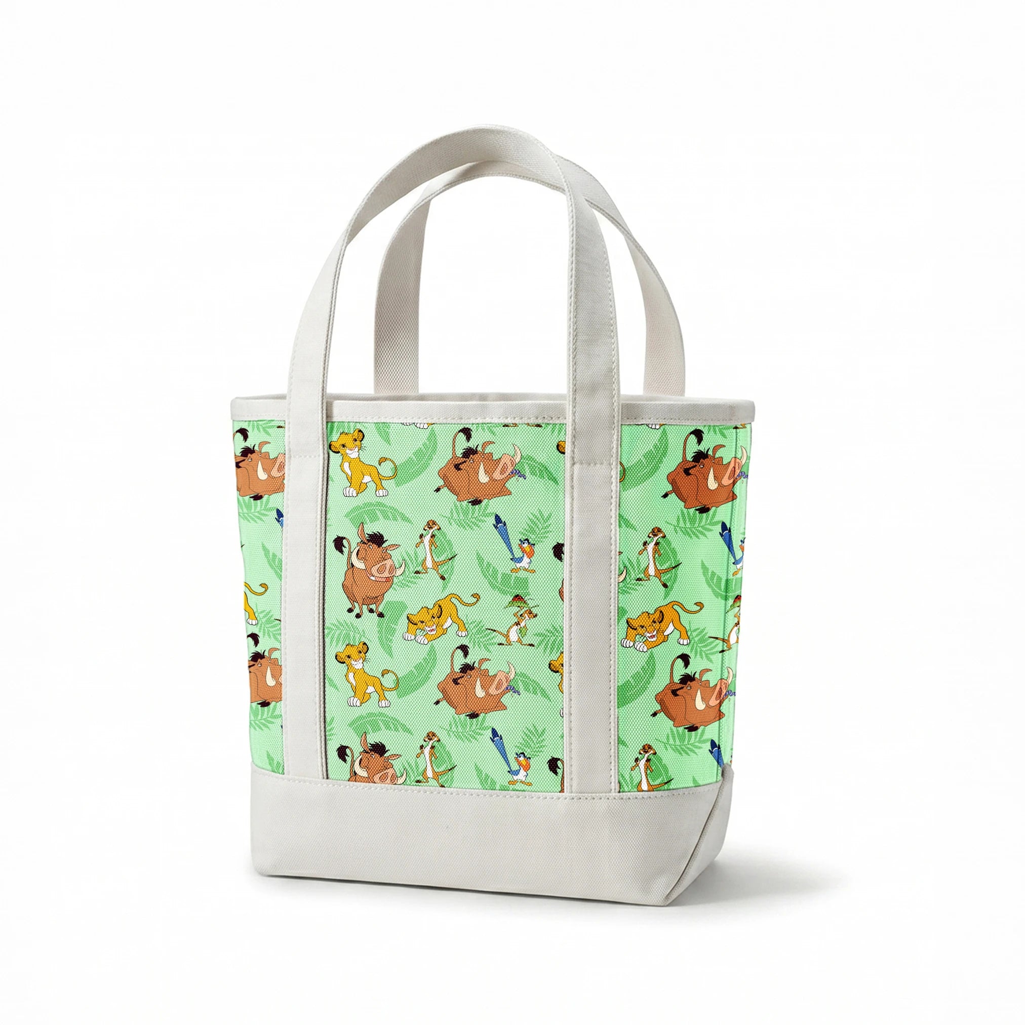 A repeating pattern of Lion King characters - Simba, Timon, Pumbaa, and Zazu on a light green leafy background. springs canvastote mockup