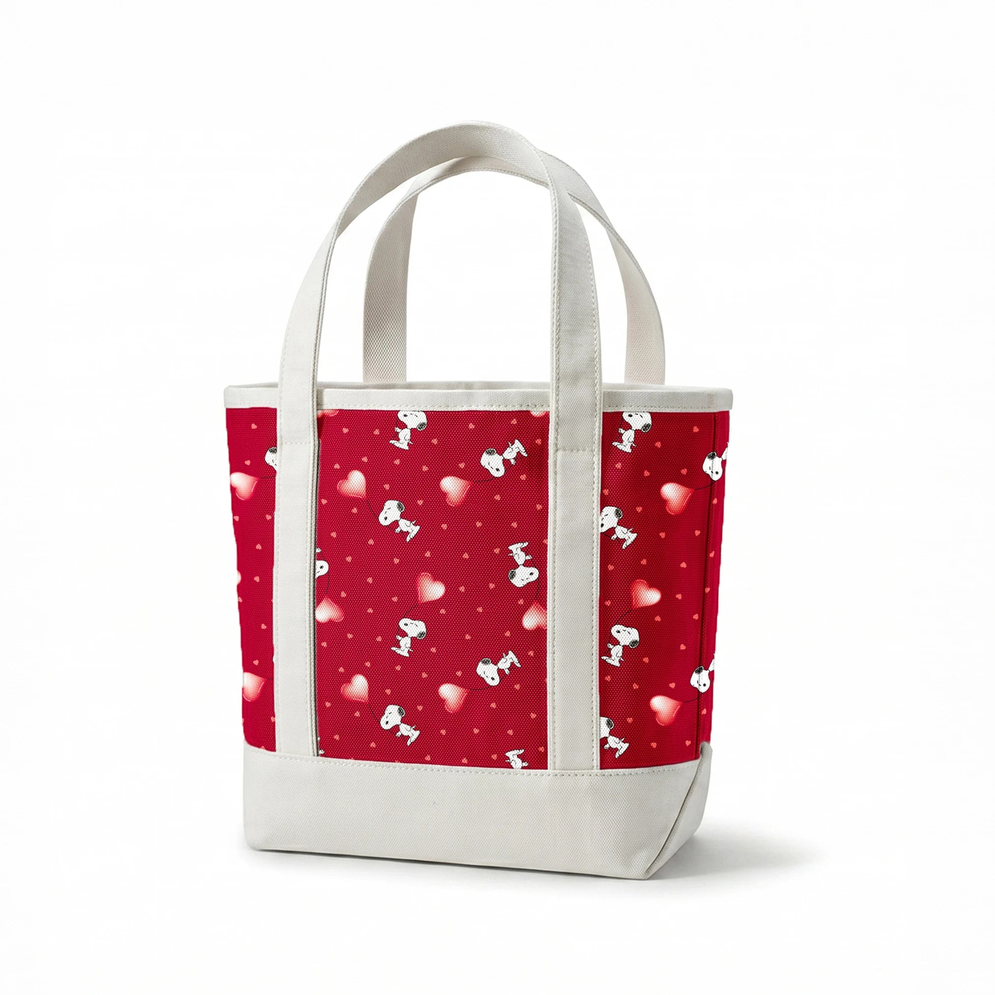 Snoopy scattered on red background with pink and white hearts pattern springs canvastote mockup