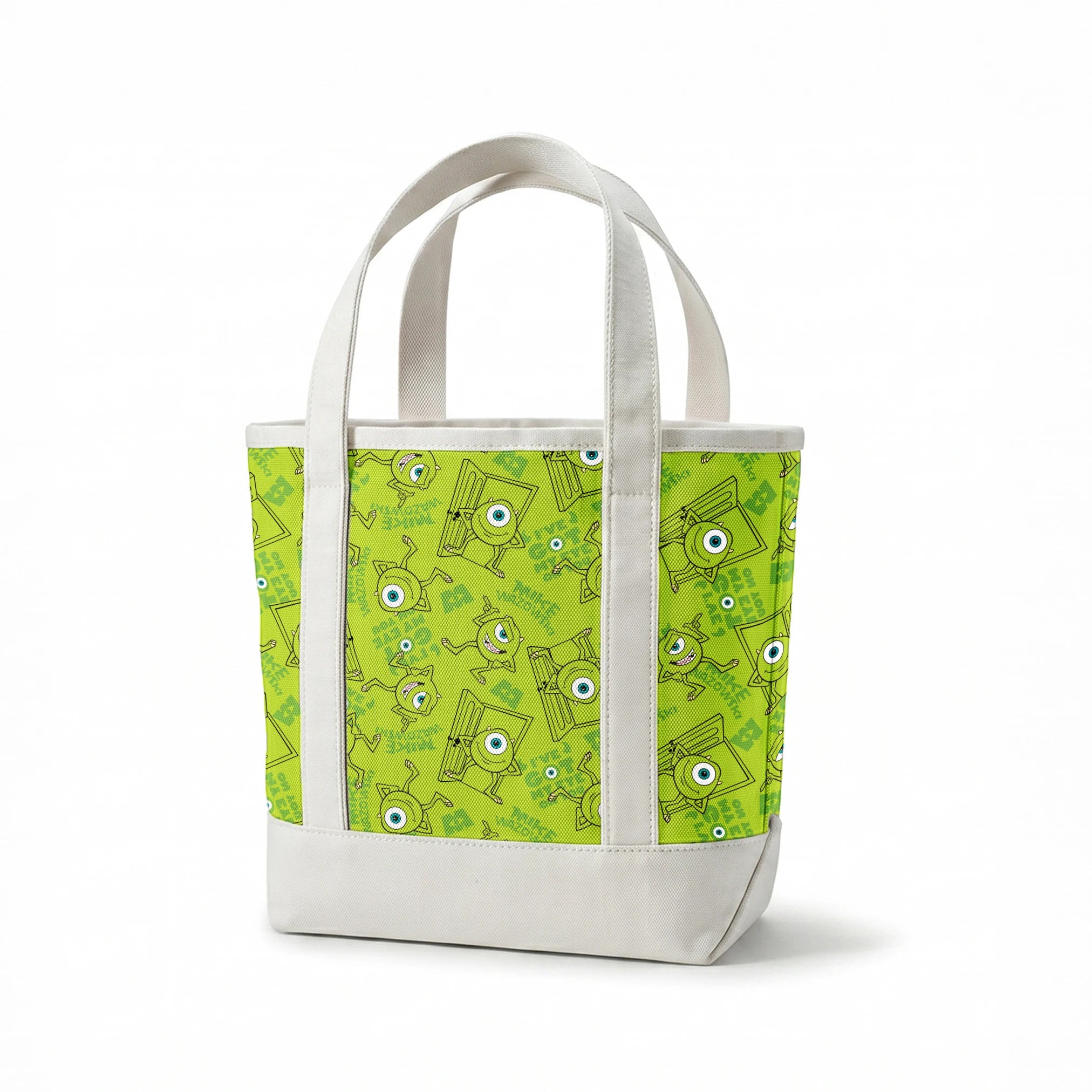 Green background with repeating Mike Wazowski in black outlines. springs canvastote mockup