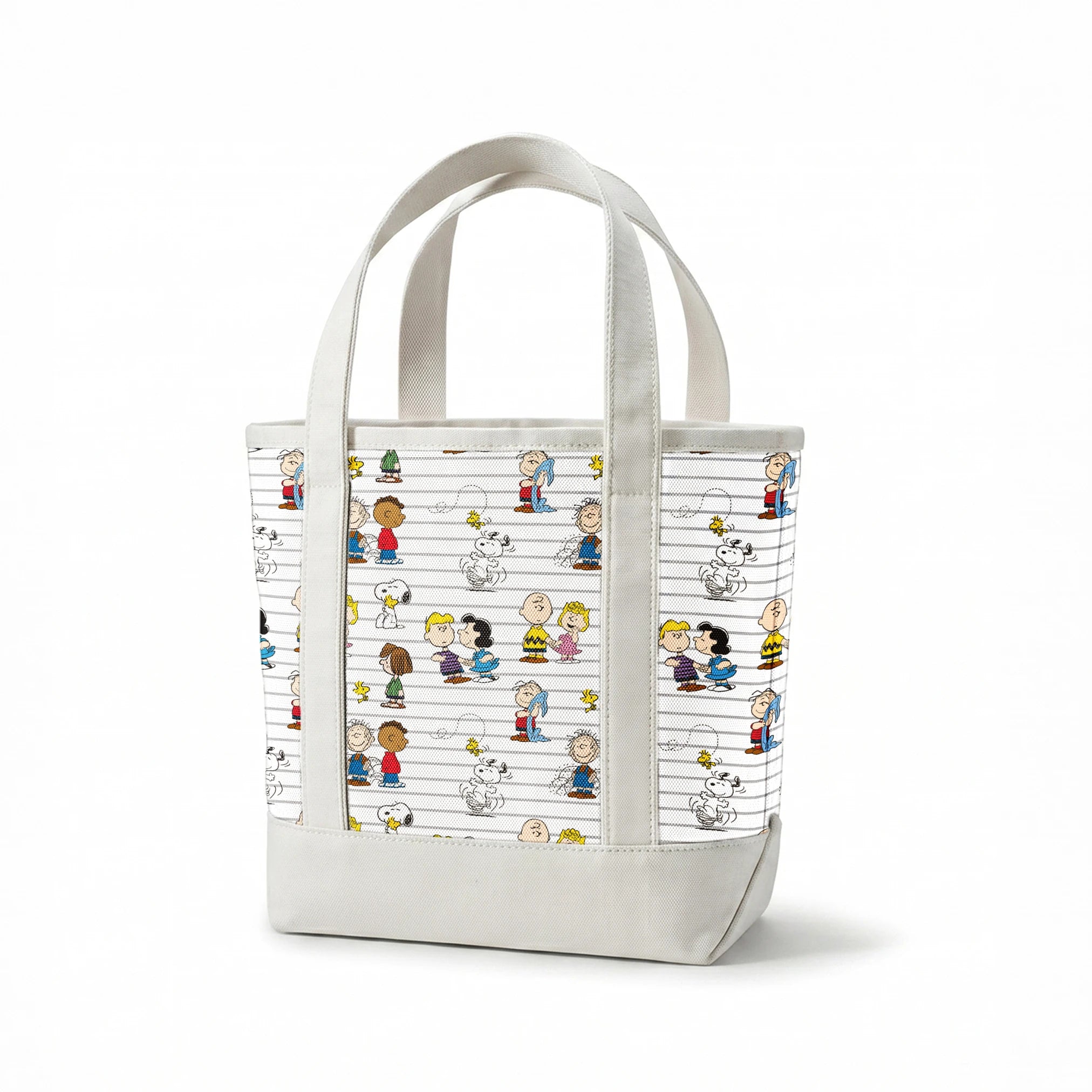 Peanuts cartoon characters on striped background, including Snoopy, Woodstock, and friends with their signature traits and poses. springs canvastote mockup