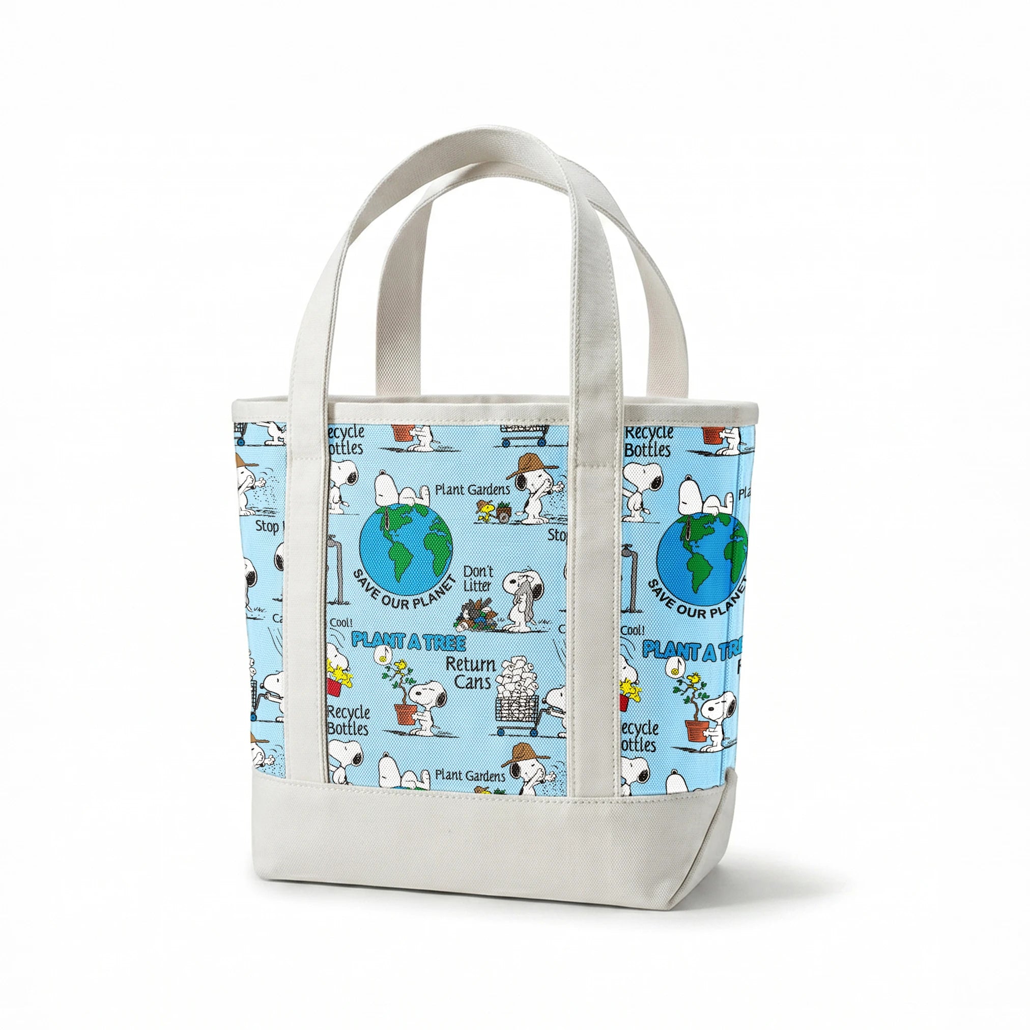 Snoopy cartoon dog in environmental scenes with Earth graphic and eco-friendly messages like "Plant a Tree" and "Recycle springs canvastote mockup
