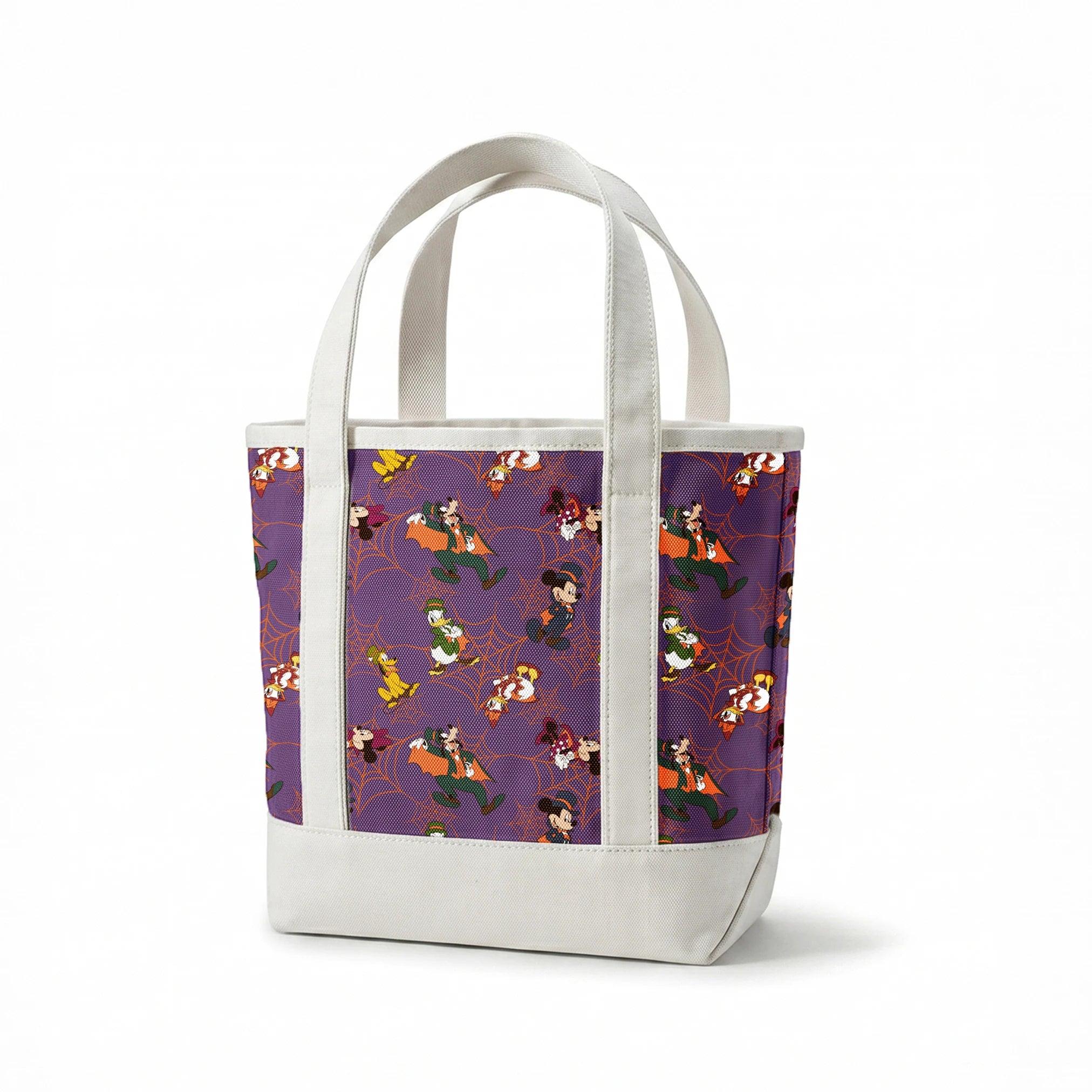Disney cartoon characters in Halloween costumes on purple background with orange spider webs springs canvastote mockup