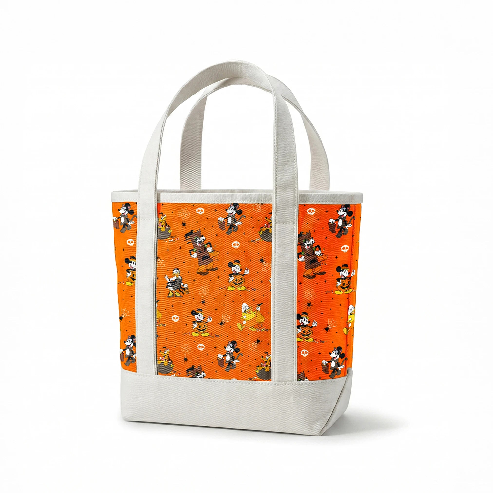 Halloween-themed orange pattern with Disney characters in costumes, spiderwebs, and skulls springs canvastote mockup