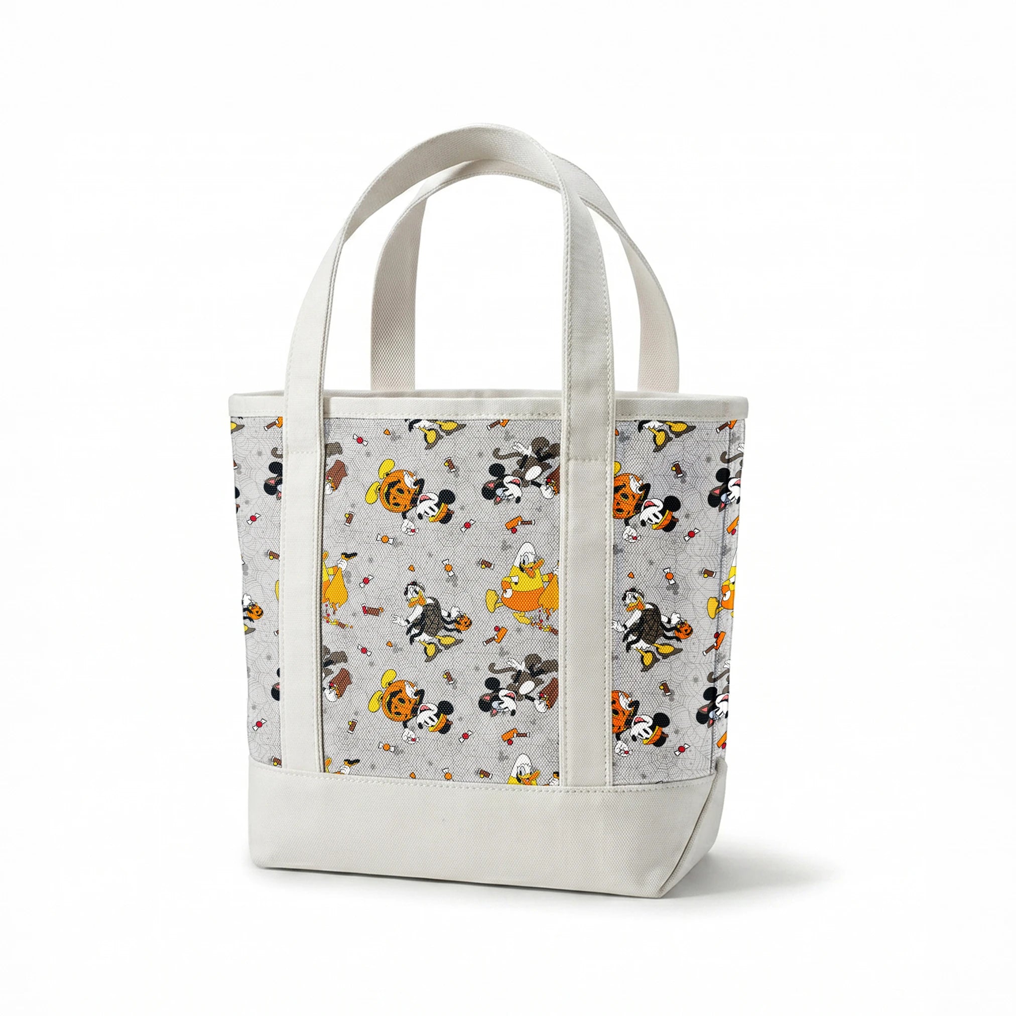 Disney characters on gray spider web pattern with candy corn scattered throughout, Halloween themed design. springs canvastote mockup