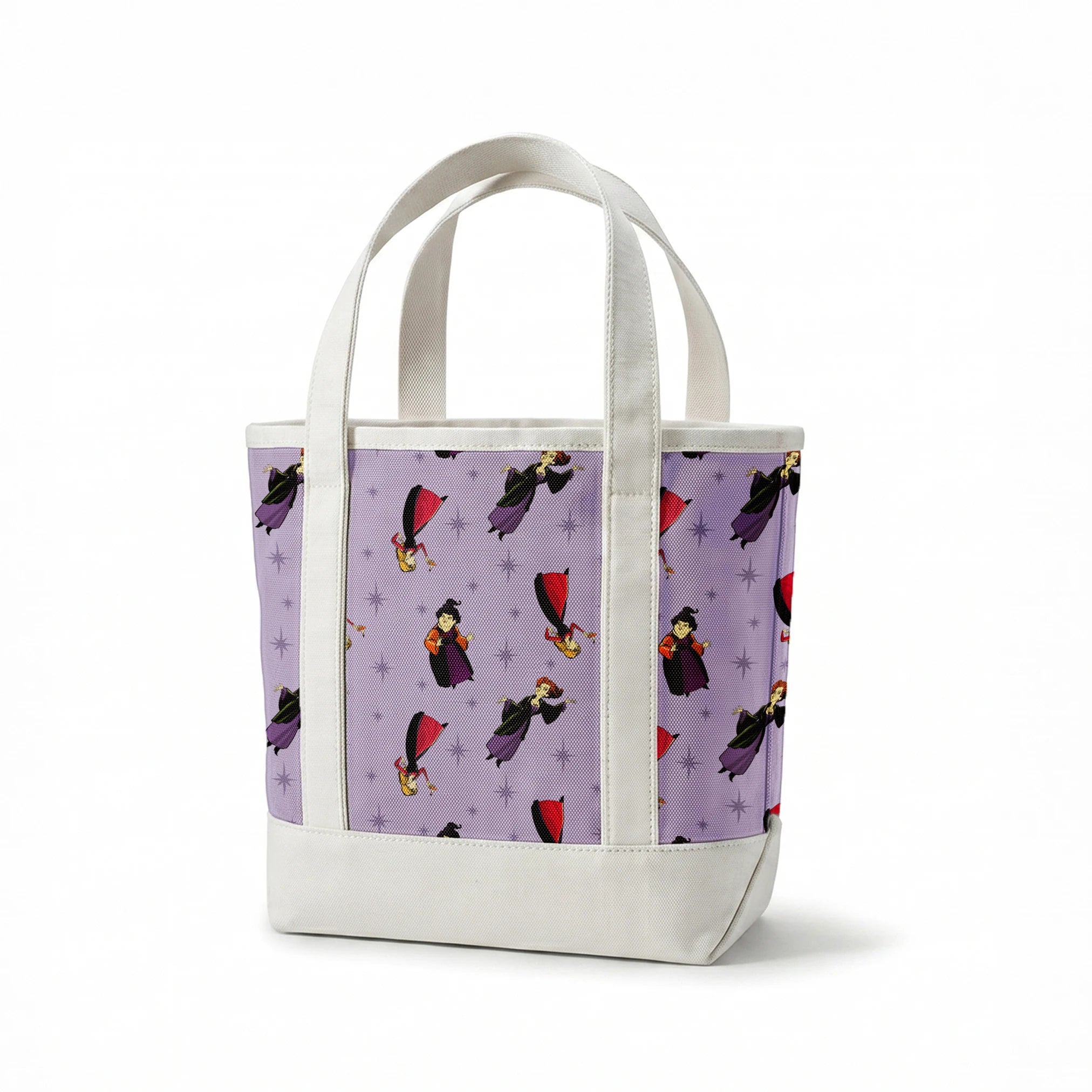 Purple background with cartoon characters in flowing capes and dresses with stars pattern, repeating decorative design springs canvastote mockup