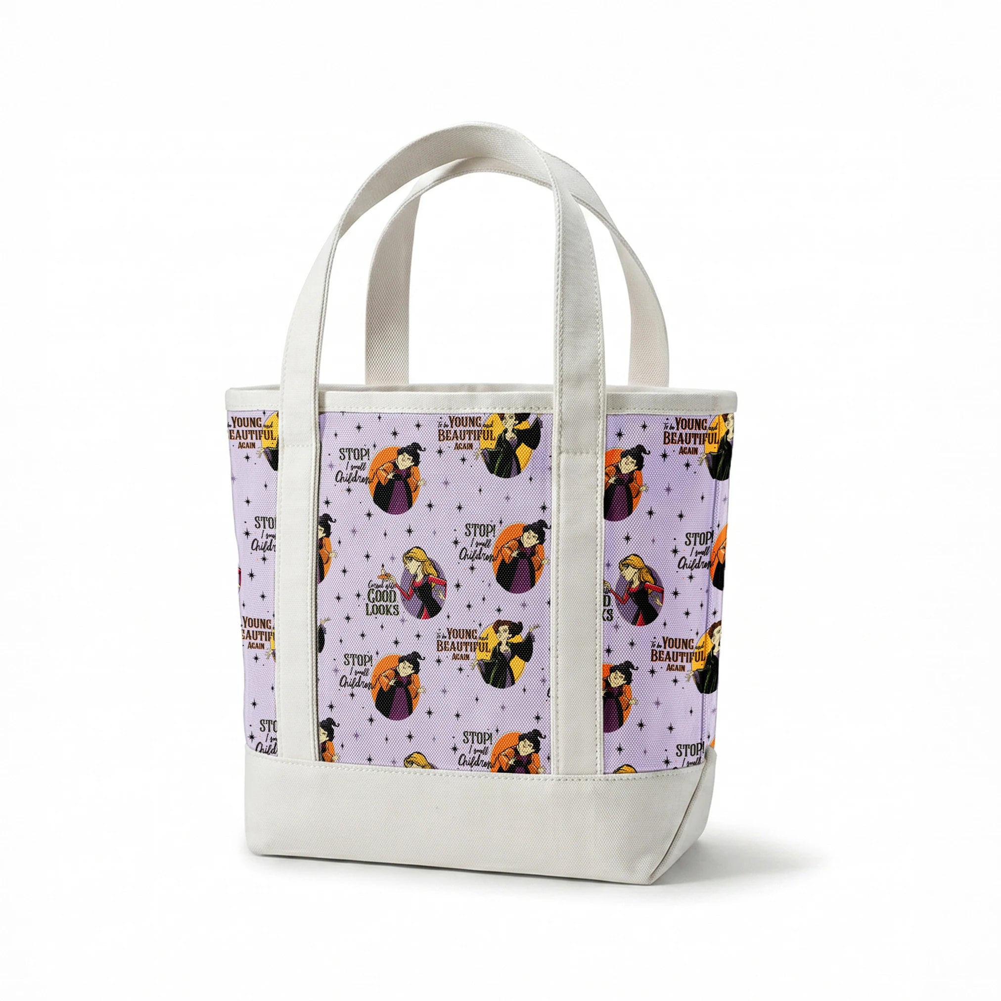 Disney villains pattern with circular portraits on purple starry background featuring animated characters and quote catchphrases springs canvastote mockup