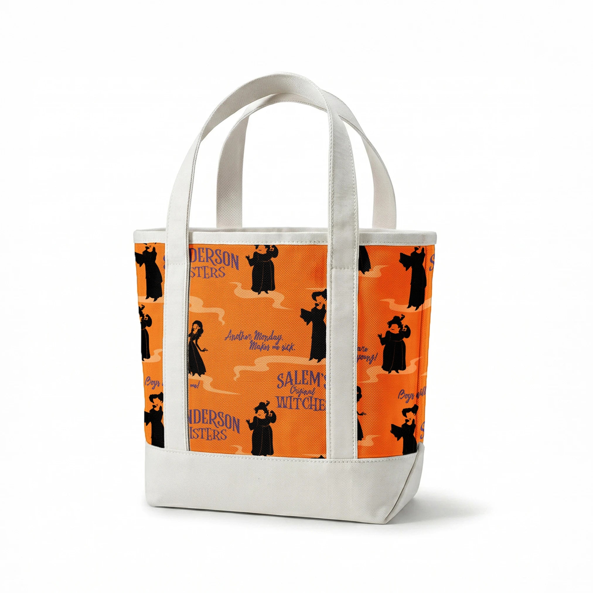Orange background with silhouettes of witches in black robes and text "Sanderson Sisters" and "Salem's" in blue lettering springs canvastote mockup