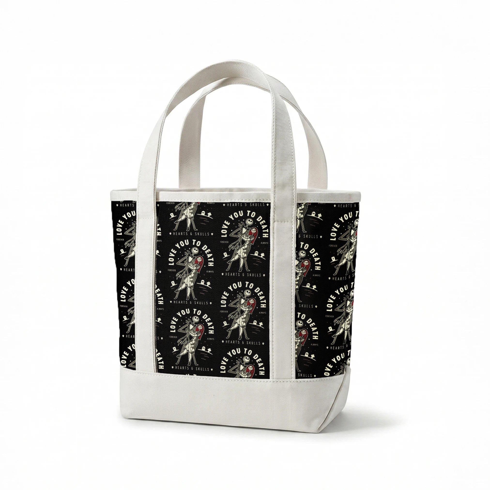 Repeating pattern of skeletal figures holding red hearts with "LOVE YOU TO DEATH" text on black background springs canvastote mockup
