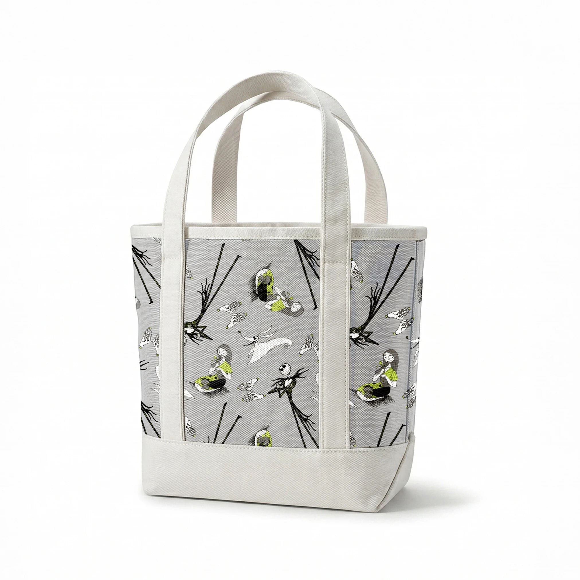 Spooky pattern with stylized ghostly figures, skeletal creatures, and green accents on gray background springs canvastote mockup