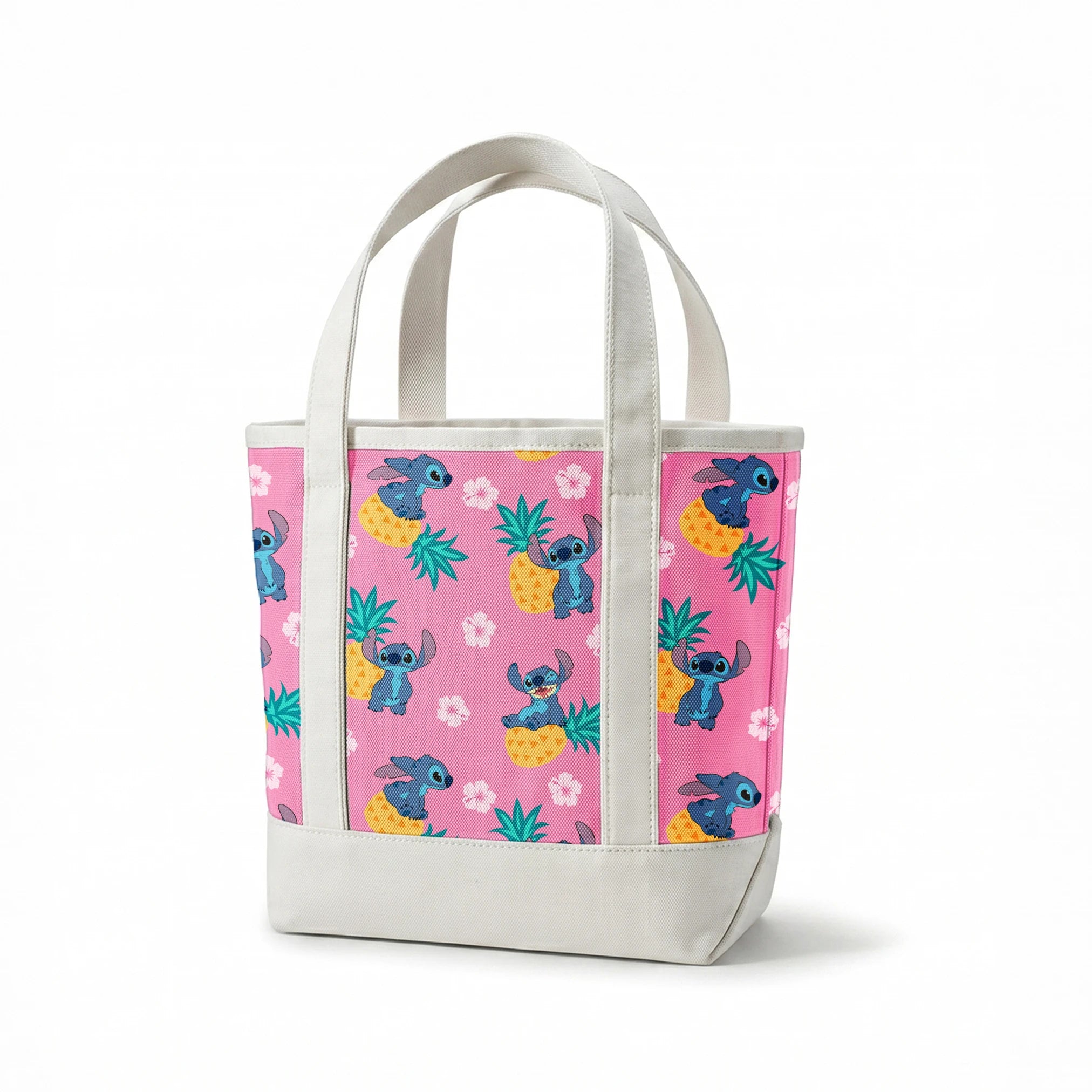 Stitch characters with pineapples and white hibiscus flowers on pink background pattern springs canvastote mockup