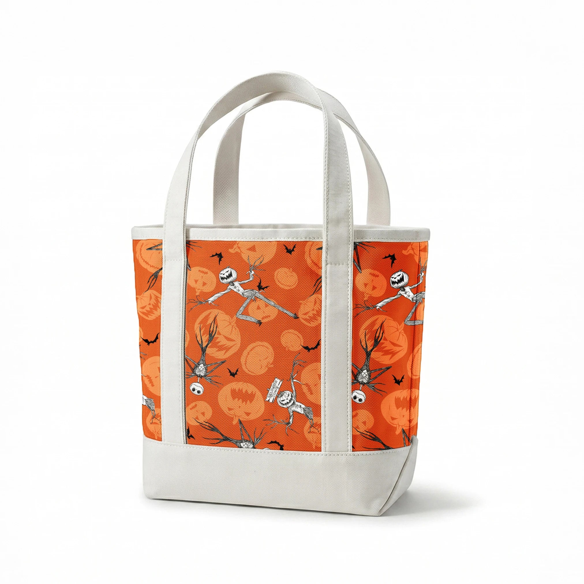 Nightmare Before Christmas pattern with Jack Skellington, bats, and jack-o'-lantern silhouettes on orange background springs canvastote mockup