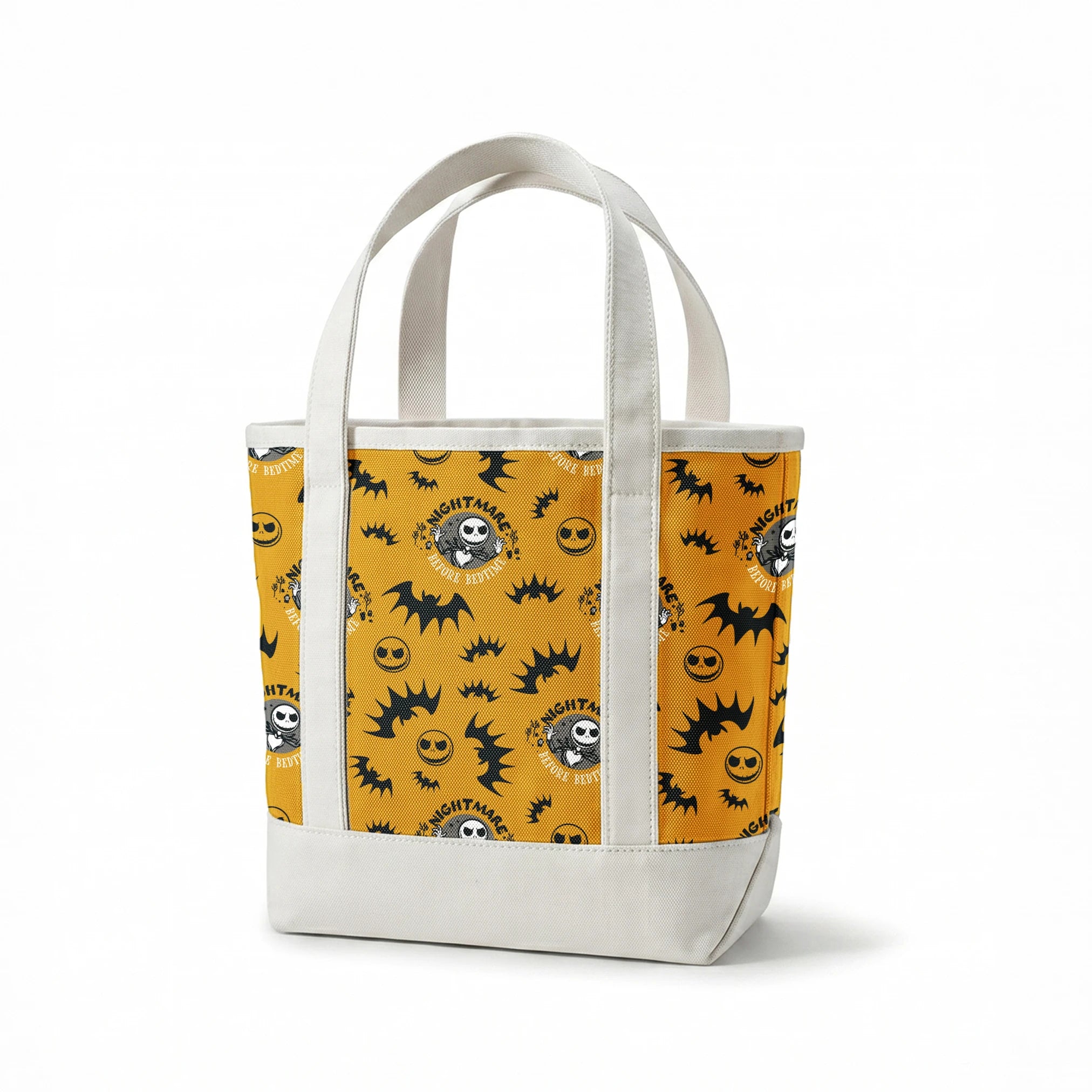 Halloween pattern with skeletal figure, "Nightmare" text, yellow background, black bats and smiling faces springs canvastote mockup