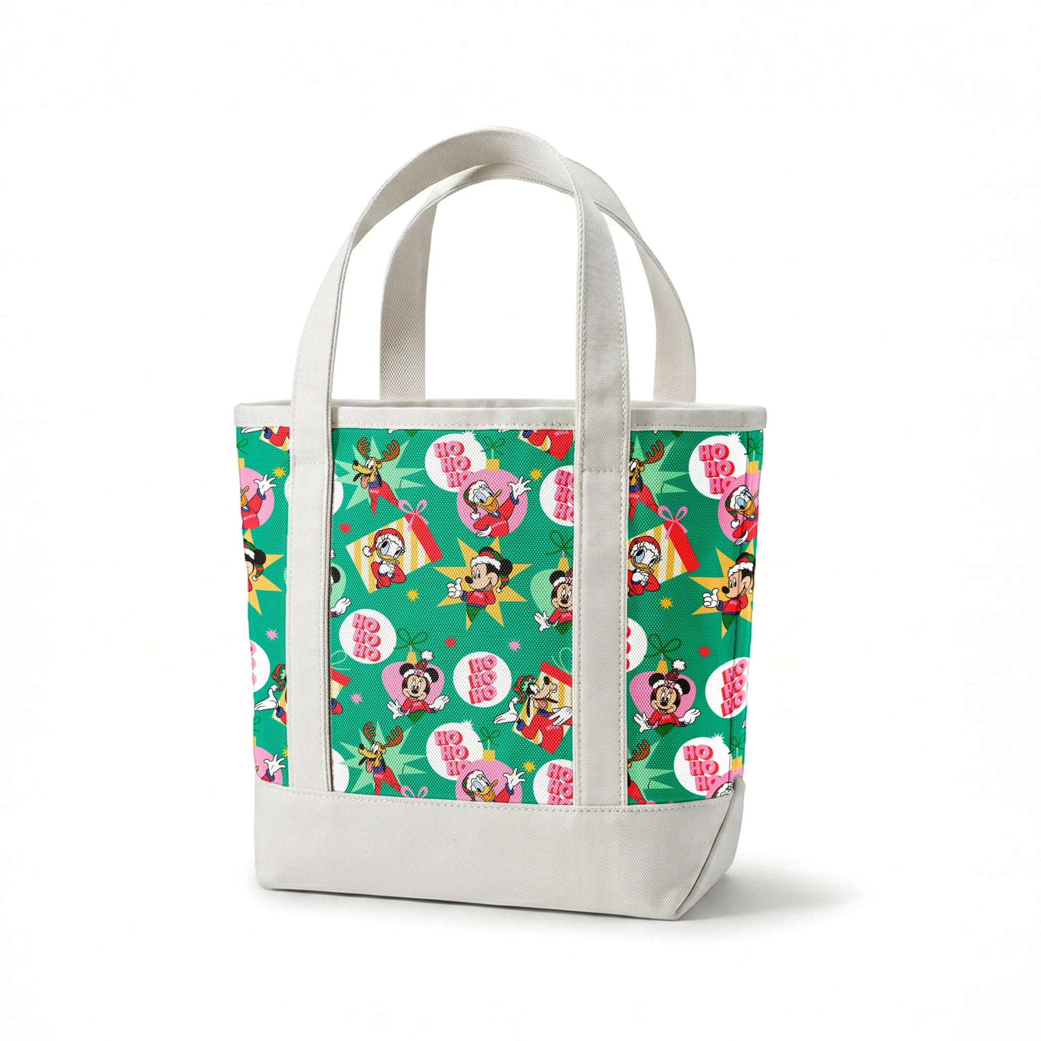 Festive Disney characters on green holiday pattern with "Ho Ho Ho" text and Christmas ornaments springs canvastote mockup
