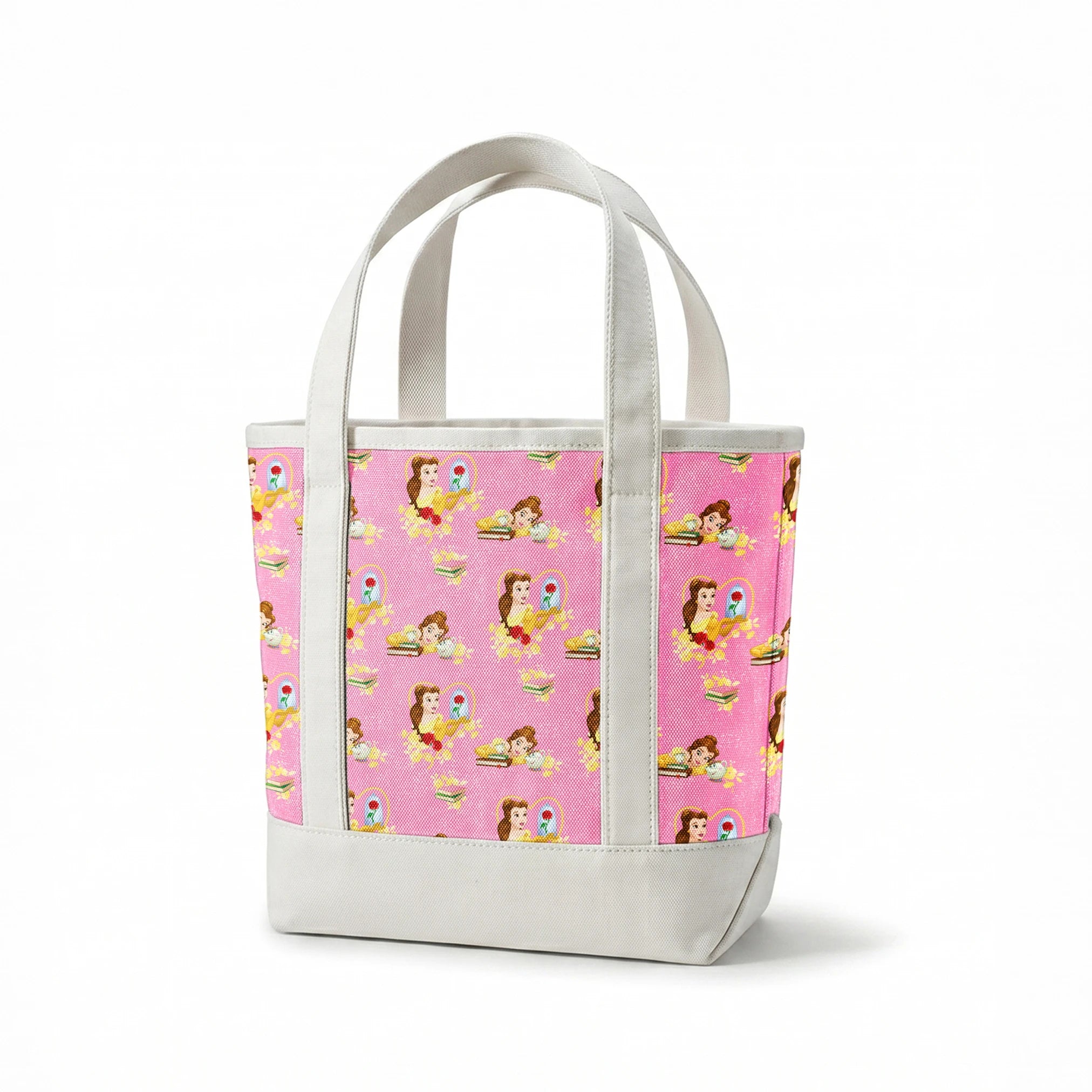 Repeating pattern of Disney's Belle character with enchanted rose and books on pink sparkly background springs canvastote mockup