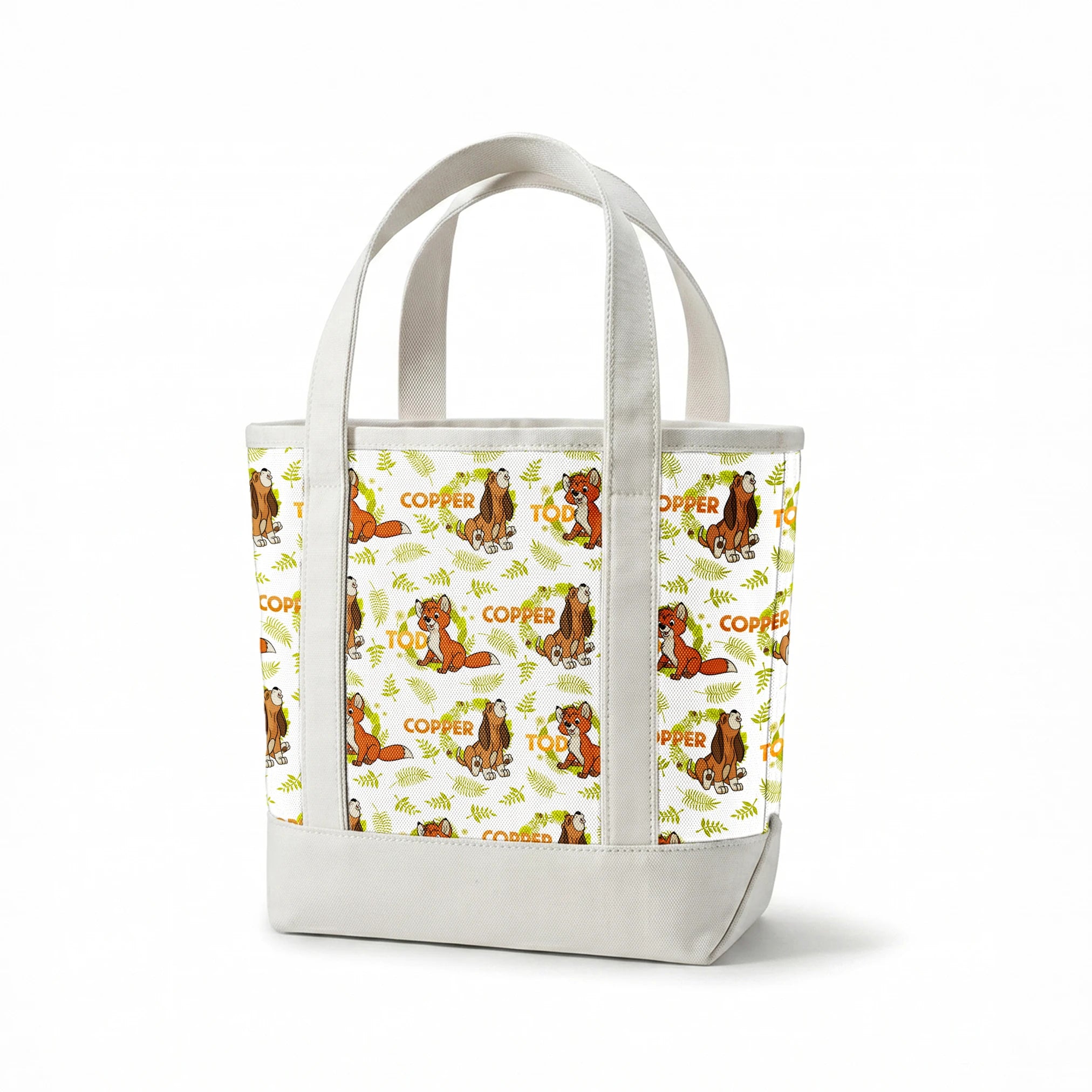 Fox and the Hound pattern with name "COPPER" and green fern background design springs canvastote mockup