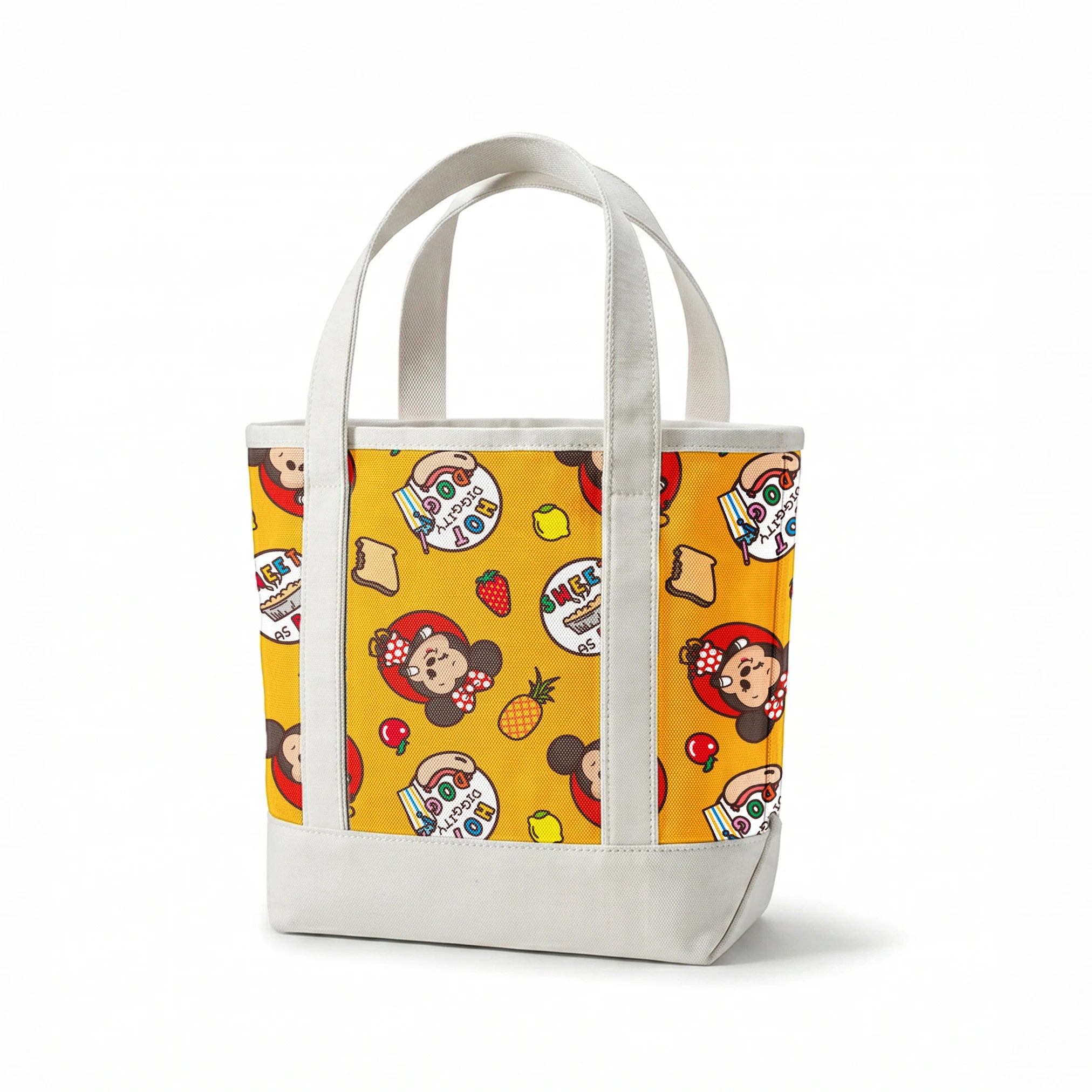 Mickey & Minnie Mouse with round badges on yellow background with fruit icons and toast patterns springs canvastote mockup